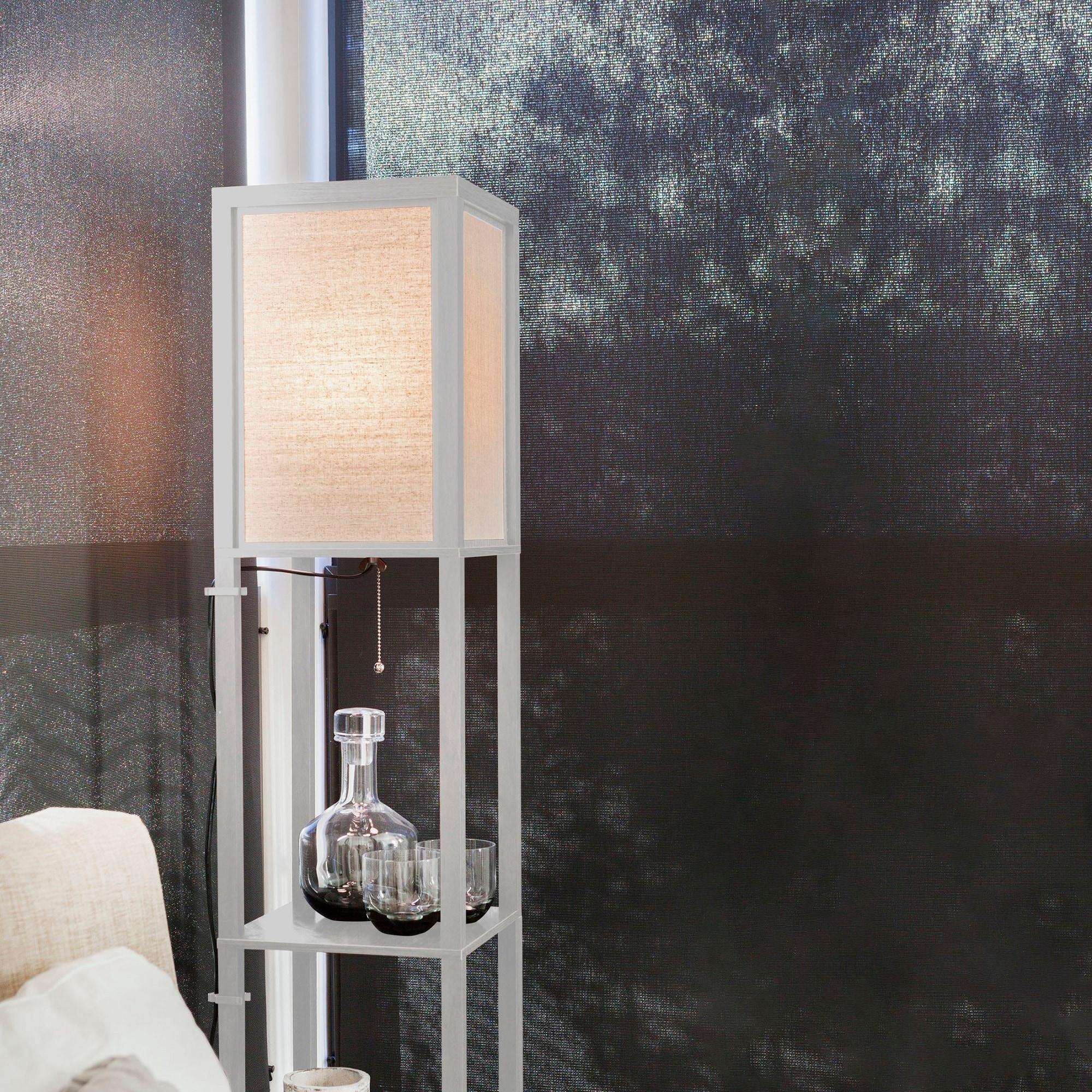 Brightech Maxwell - Modern LED Shelf Floor Lamp - Skinny End Table & Nightstand for Bedroom - Combo Narrow Side Table with Standing Accent Light Attached - Asian Tower Book Shelves - White