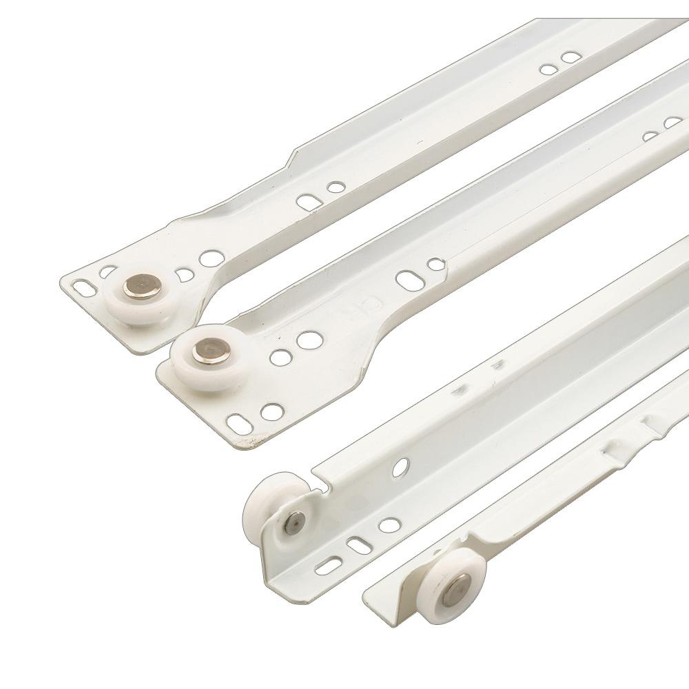 Drawer Slide Kit  Replace Drawer Track Hardware  Self-Closing Design Fits Most Bottom/ Side-Mounted Drawer Systems 17-3/4 In. Steel Tracks, Plastic Wheels, White (1 Pair)