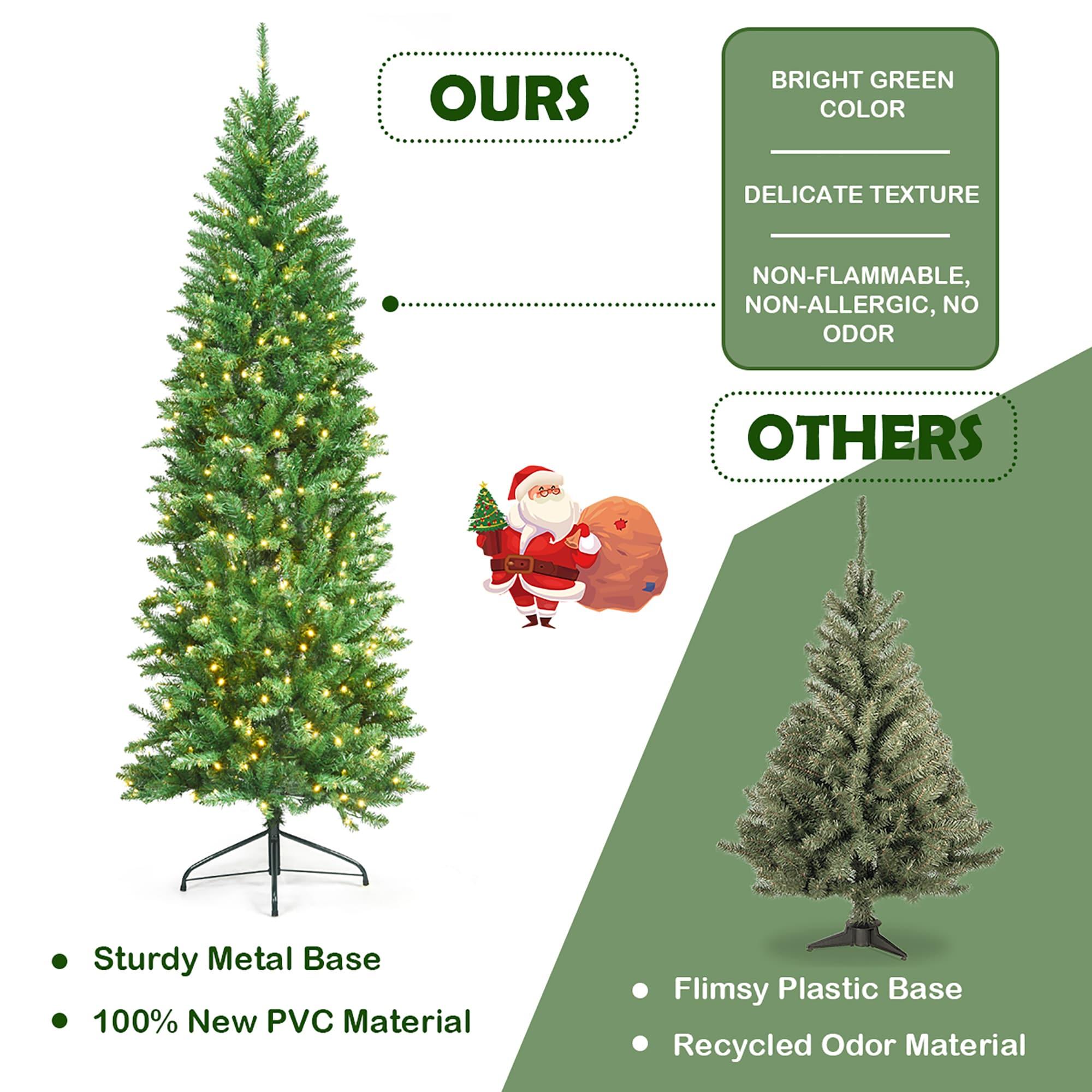Costway 7Ft Pre-lit Artificial Pencil Christmas Tree Hinged Fir PVC Tree with 350 LED Lights