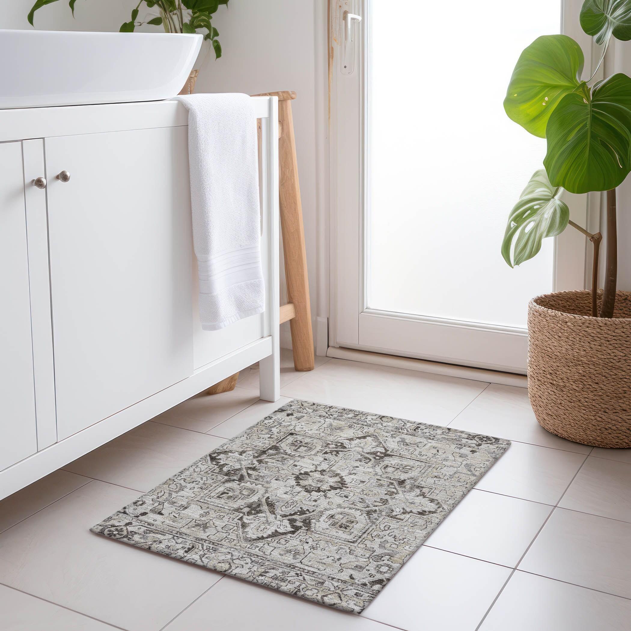 Ivory and Gray Synthetic Oriental Washable Area Rug 1'8" x 2'6"