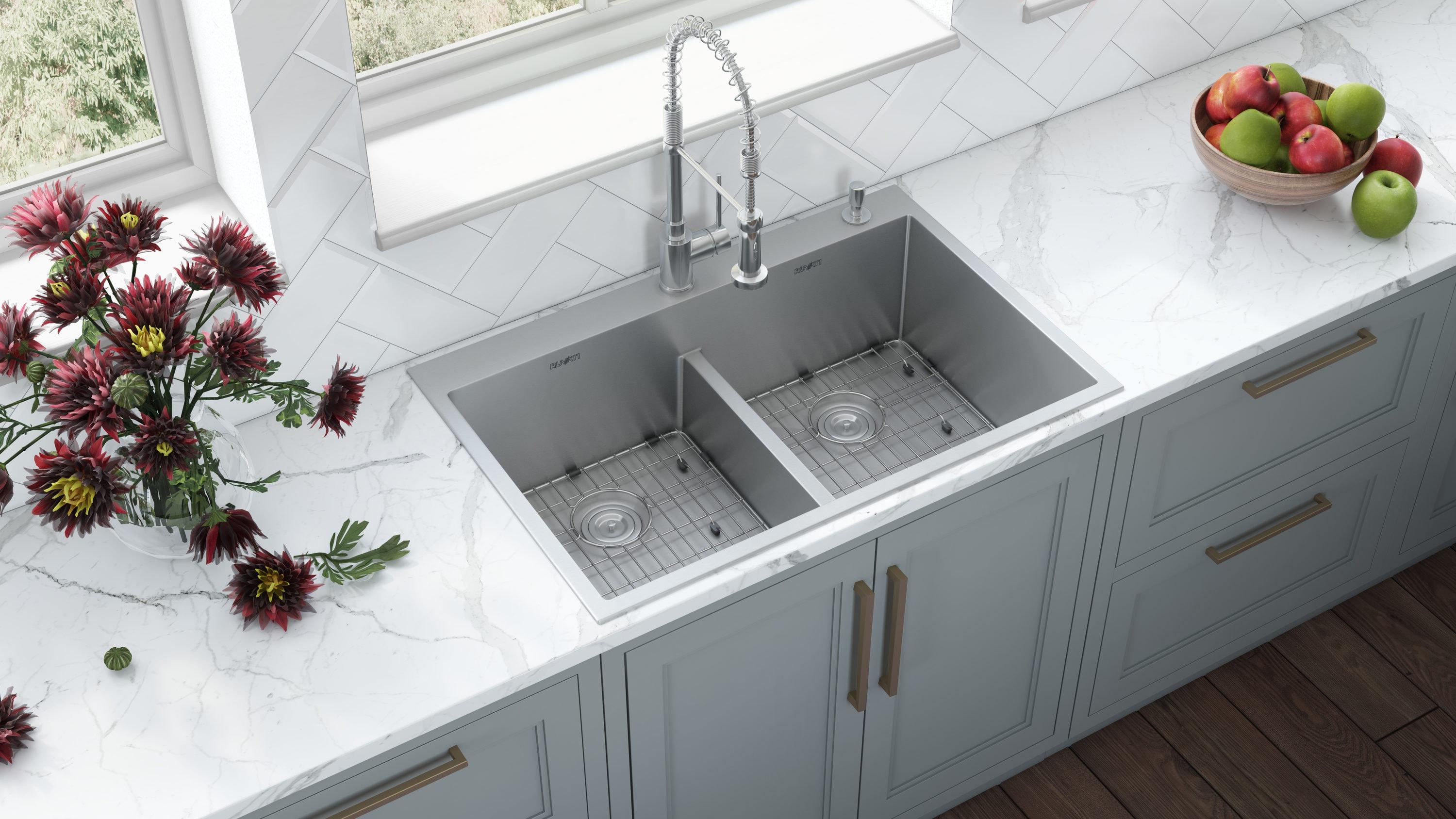 Ruvati 33 x 22 inch Drop-in 50/50Bowl Rounded Corners Topmount Stainless Steel Kitchen Sink