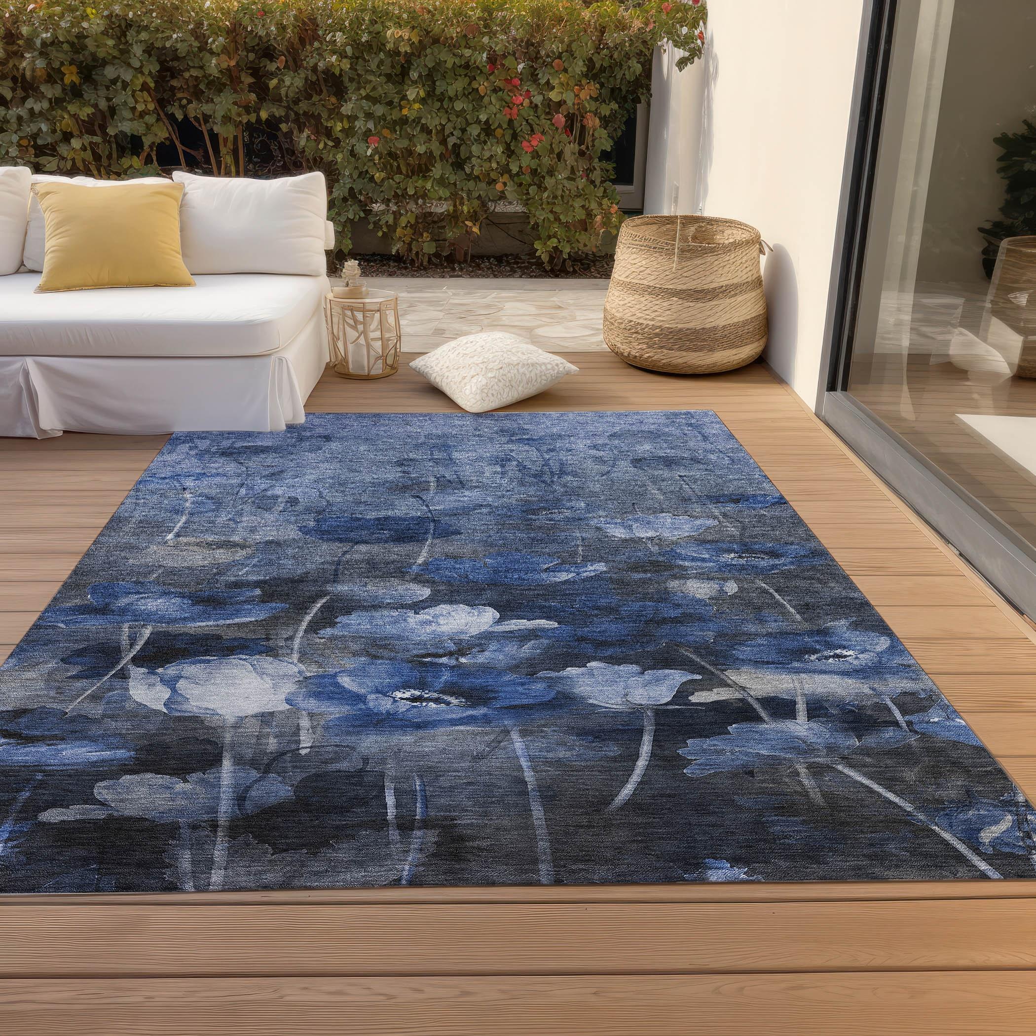 Blue Floral Machine-Washable Non-Slip 3' x 5' Area Rug