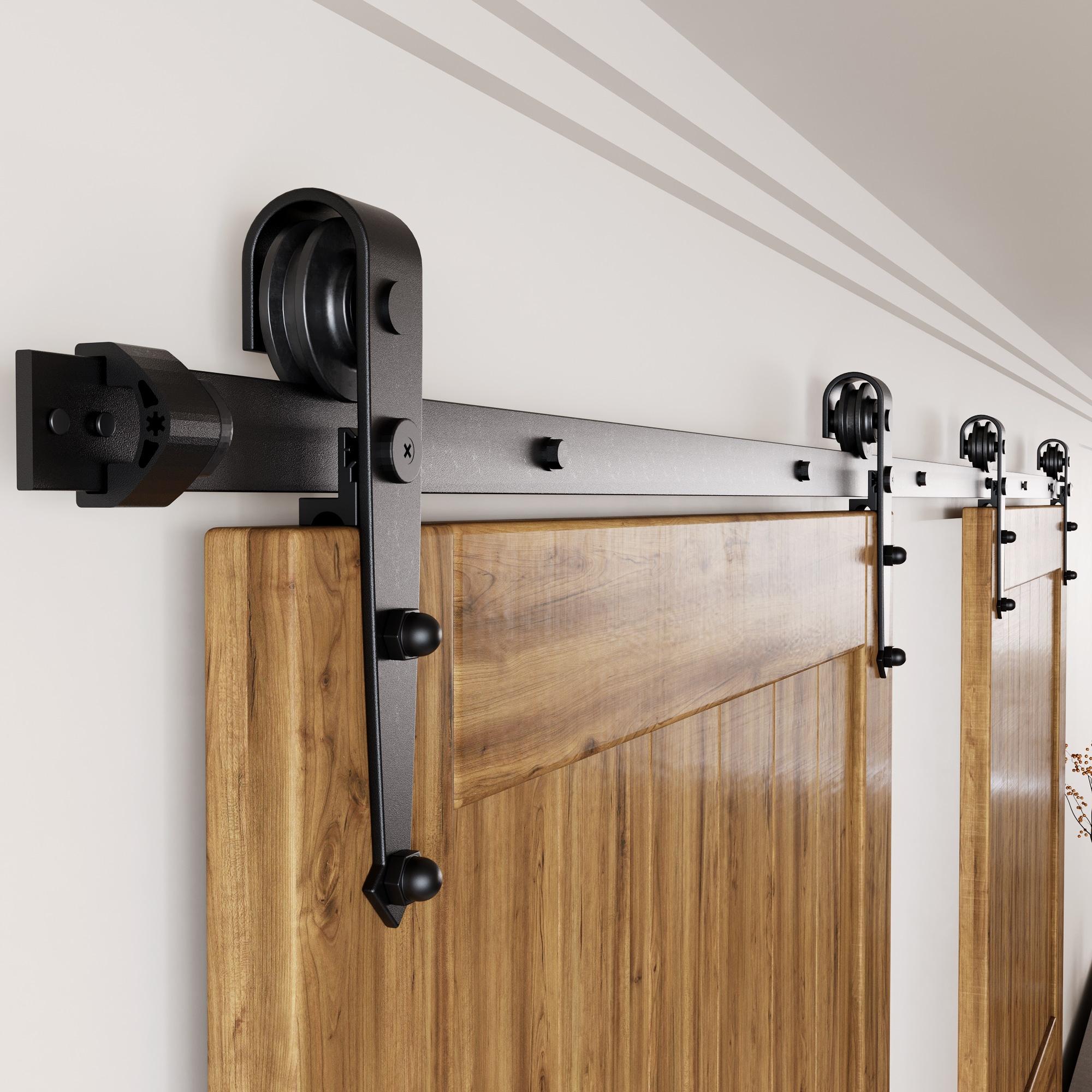 Homacer Black Rustic Sliding Barn Door Hardware Kit, for Two/Double Doors, 5.5ft Long Flat Track, Arrow Design Roller, Heavy Duty, for Interior & Exterior Use
