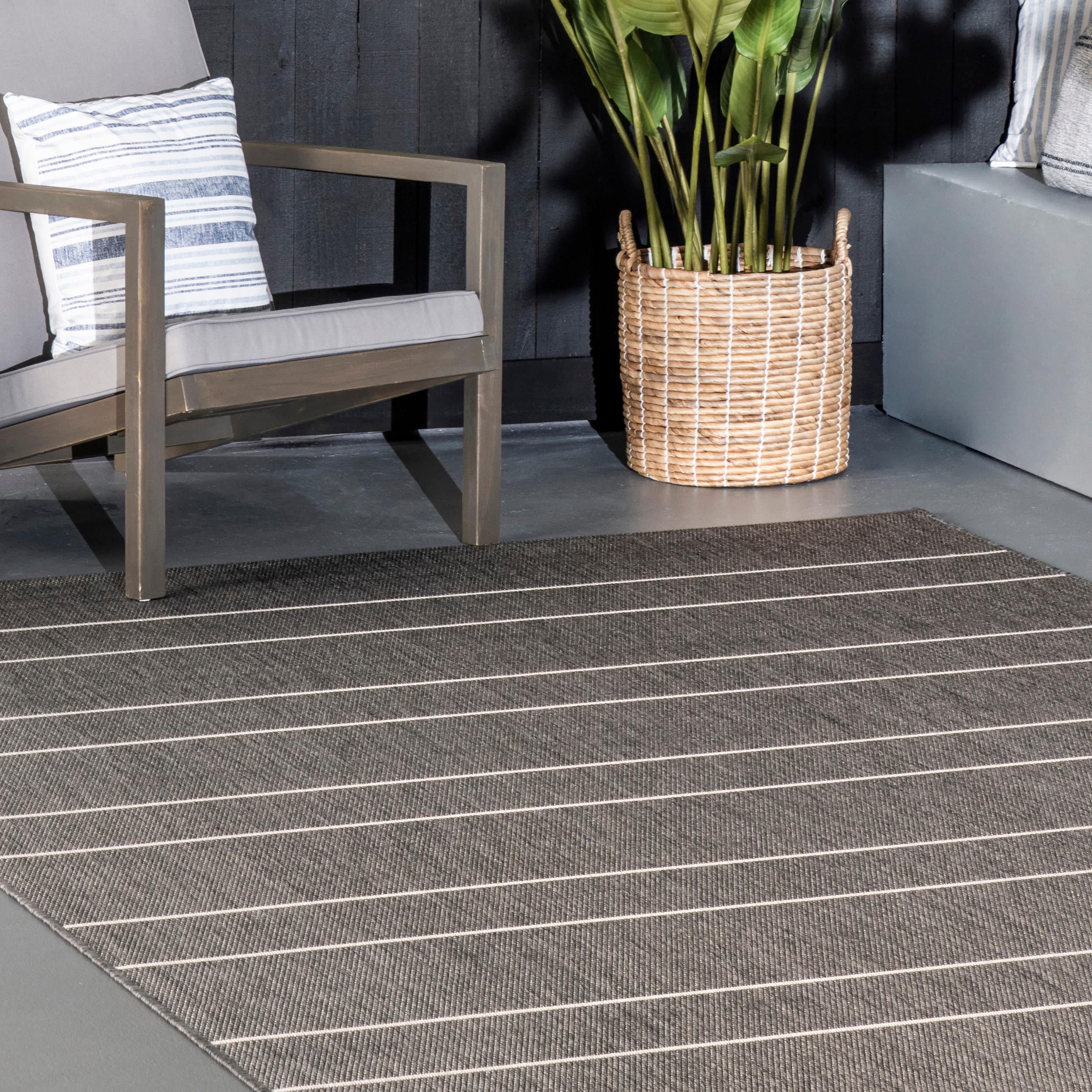 Nuloom Alaina Striped 8 Square Indoor/Outdoor Area Rug for Living Room Patio Deck Front Porch Kitchen, Dark Grey/Ivory