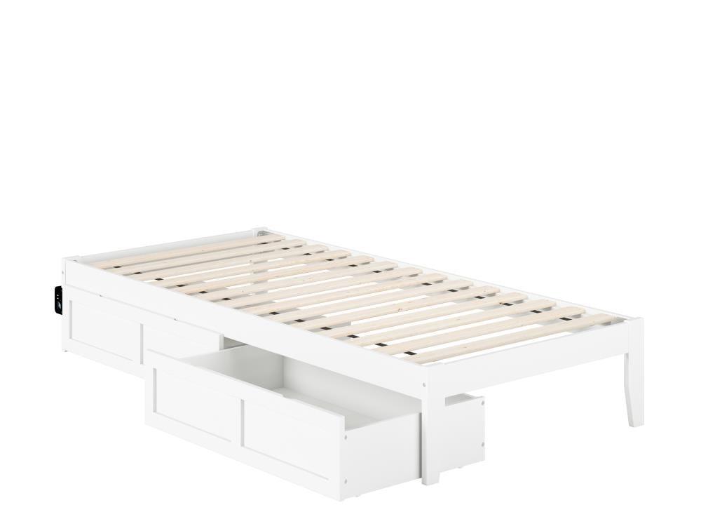 White Twin Platform Bed with Storage Drawers and USB Charger