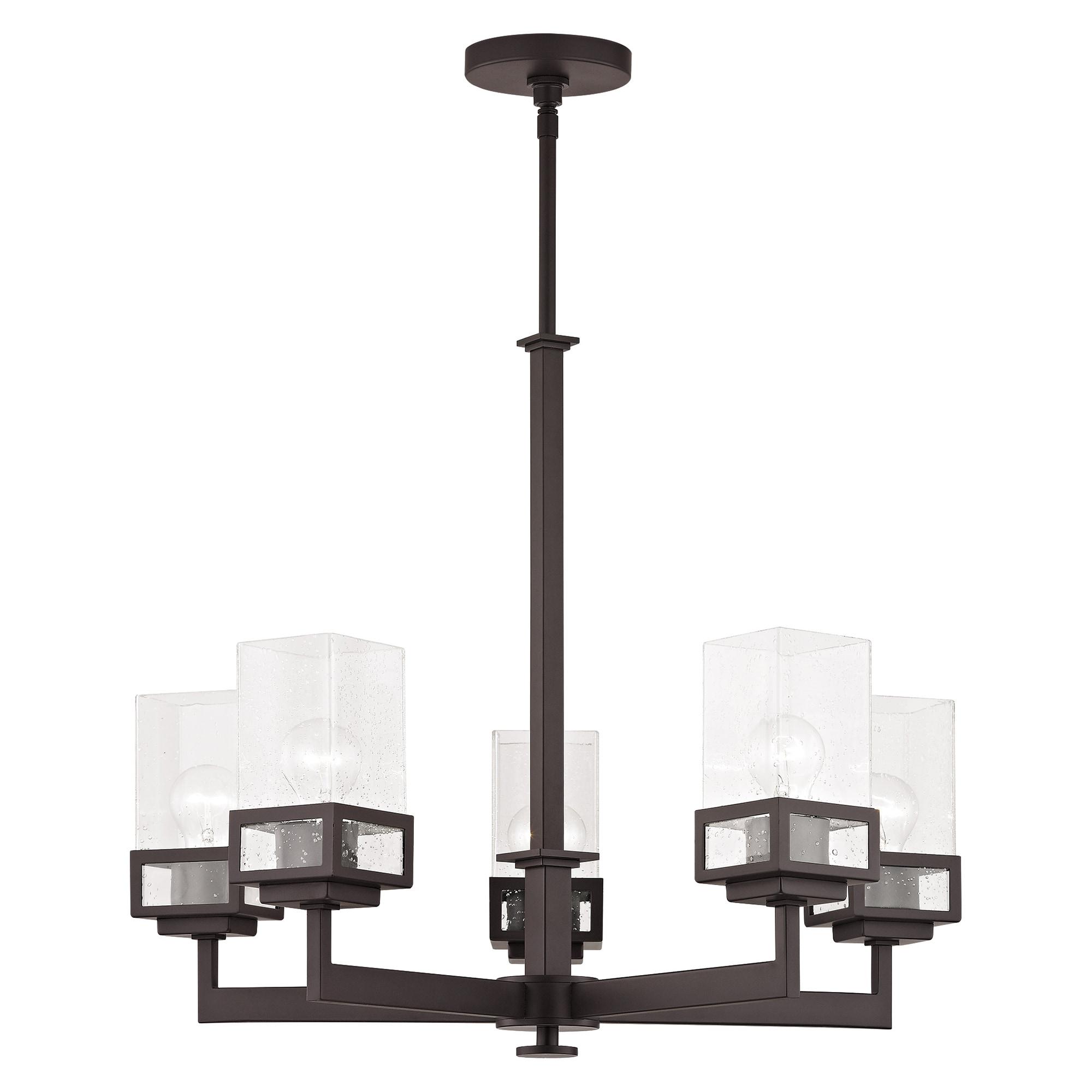 5 Light Bronze Chandelier with Hand Blown Clear Seeded Glass Shade