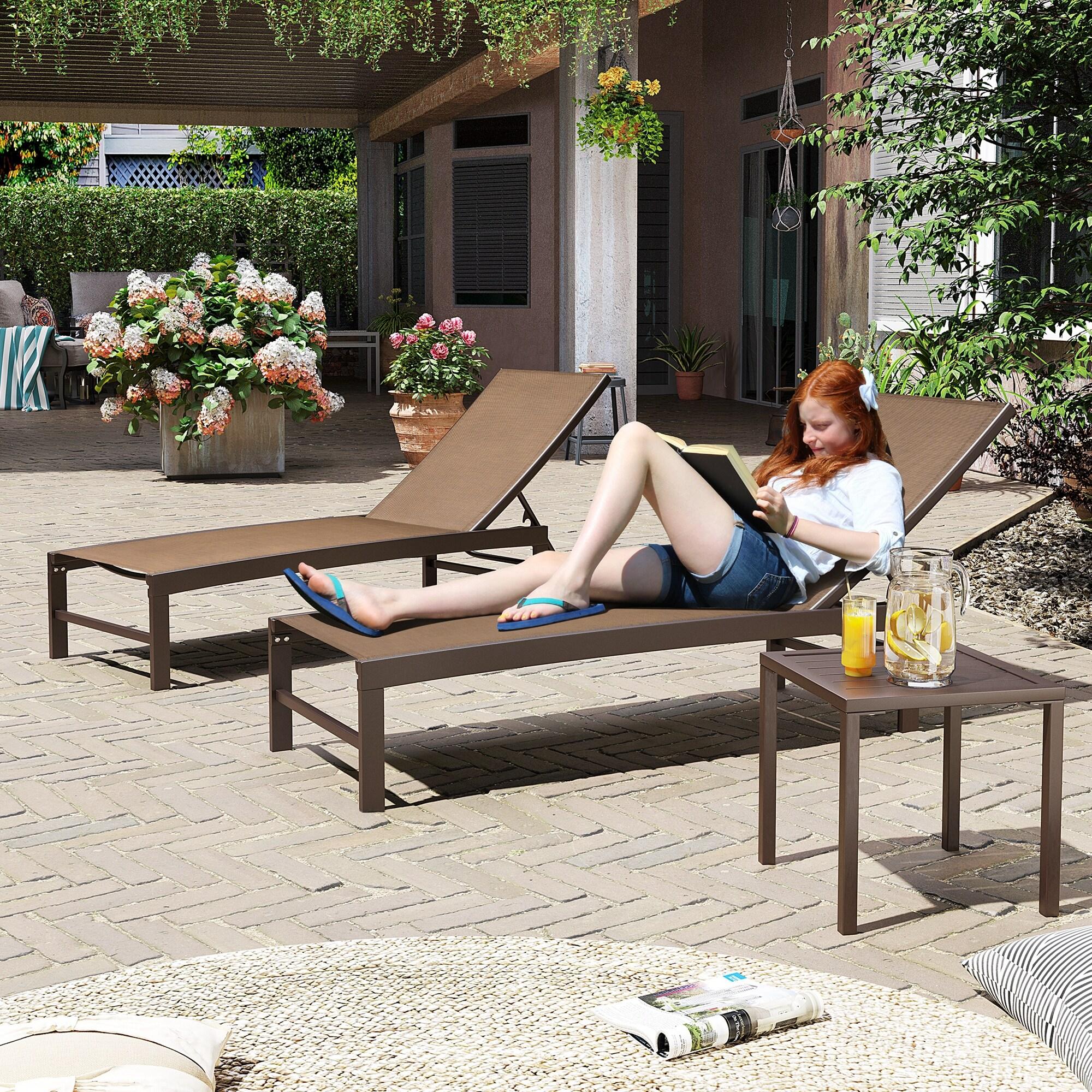3pc Outdoor Five Position Adjustable Curved Aluminum Lounge Set Brown - Crestlive Products: Weather-Resistant Patio Furniture Set with Side Table
