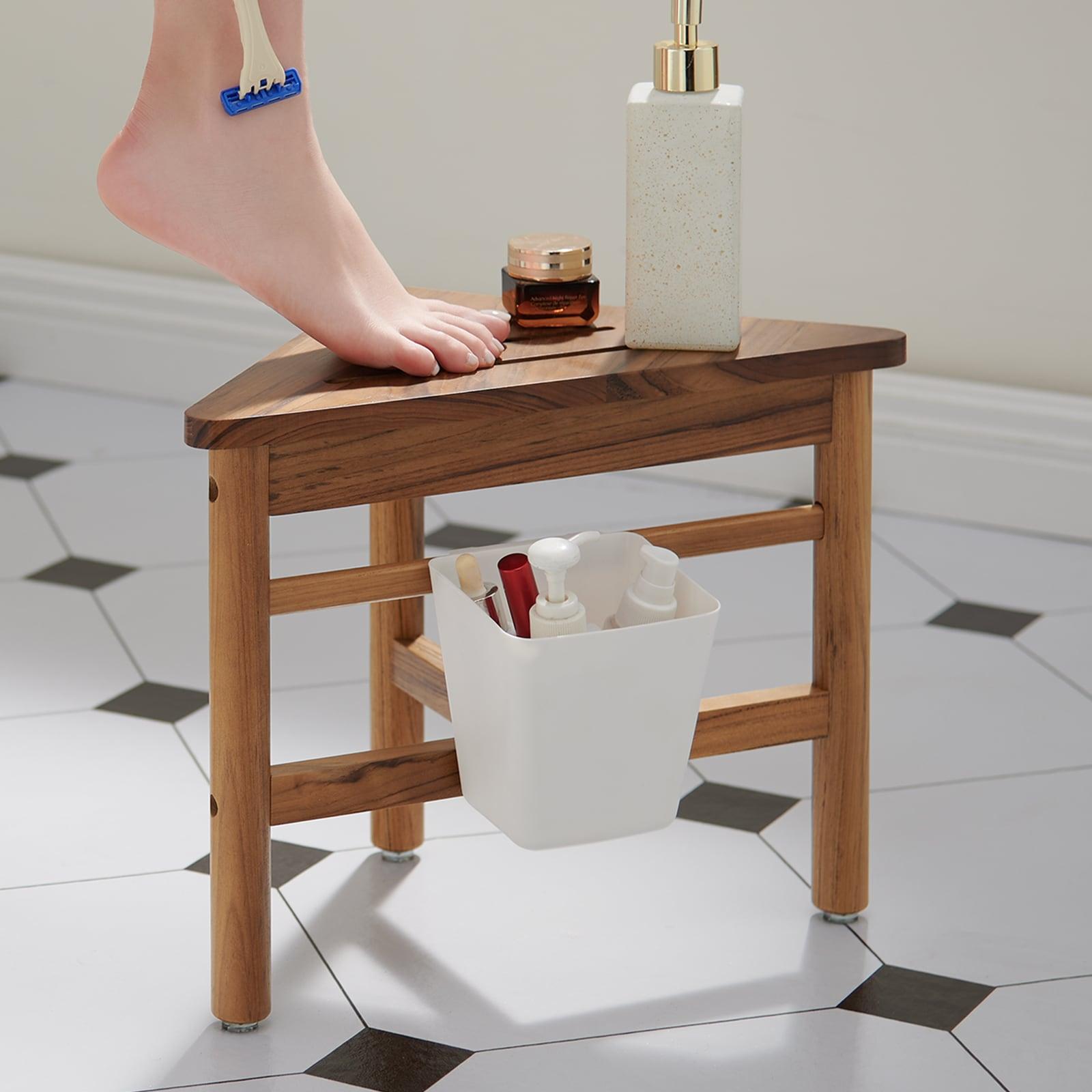 Utopia Alley  12 in. Small Teak Corner Shower Stool with Plastic Storage for Inside Shower, Indoor & Outdoor Use
