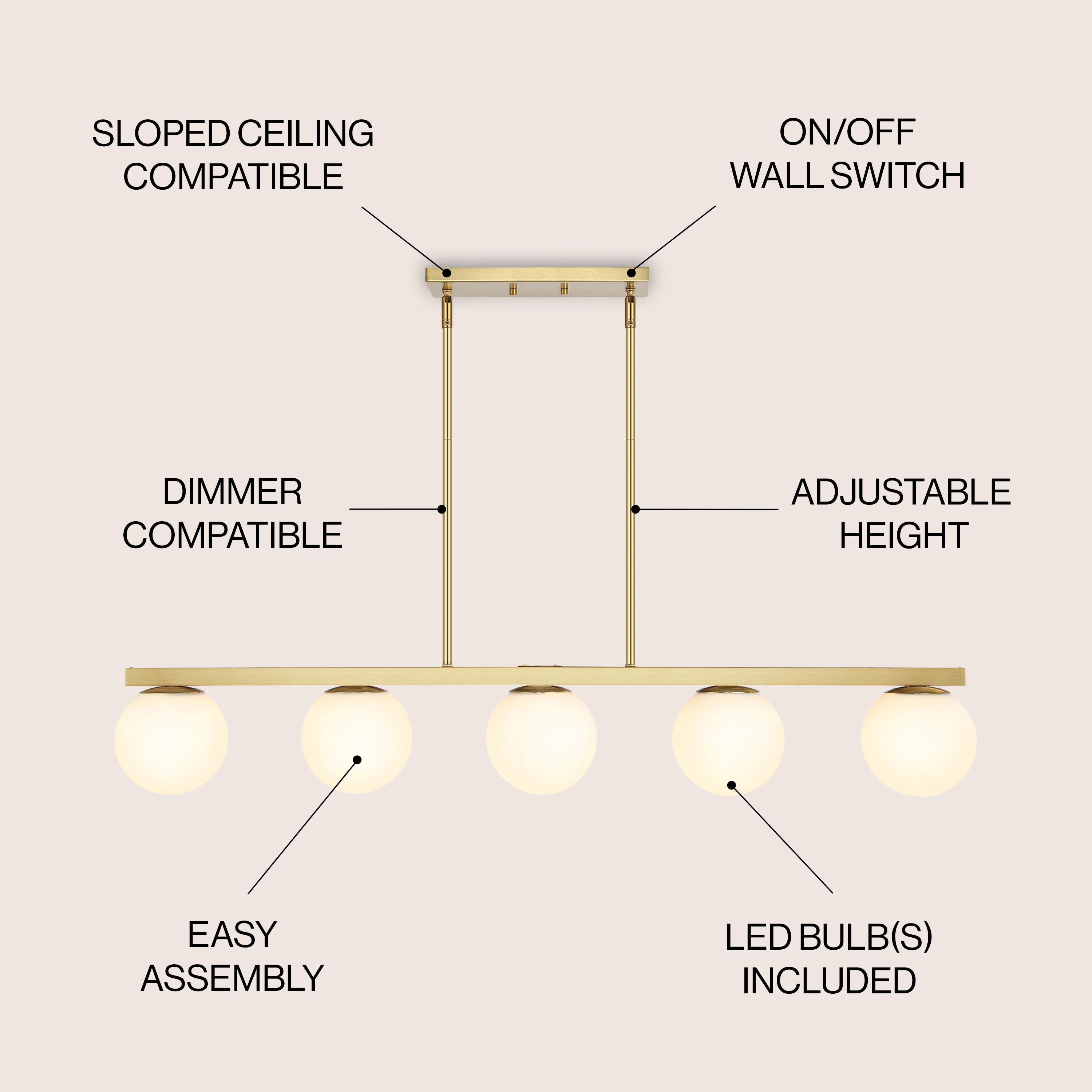 JONATHAN Y Luca Parisian 45.5" 5-Light Modern Glam Iron Globe Linear LED Pendant, Brass Gold/White