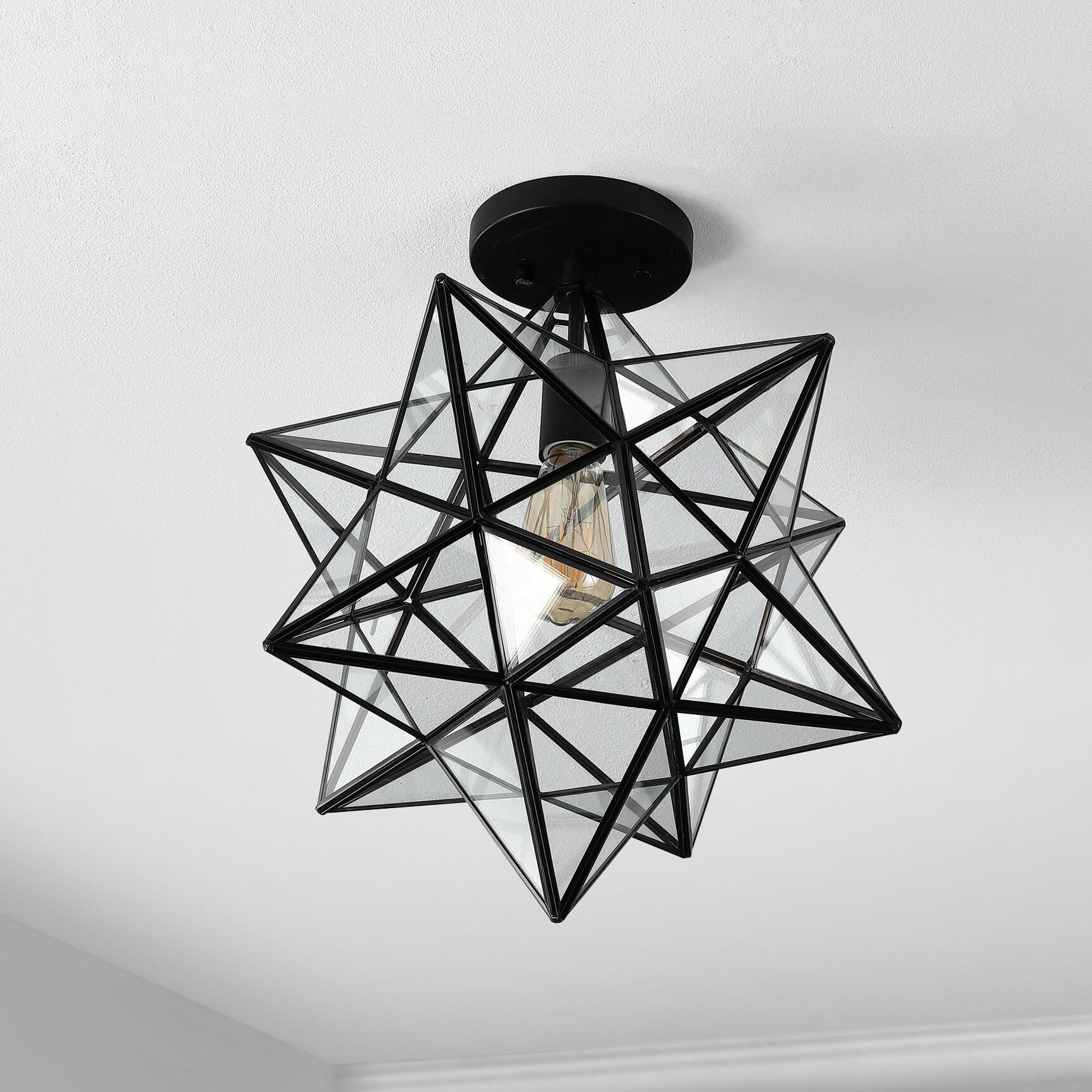 Ava 14.5" 1-Light Farmhouse Bohemian Iron/Glass LED Semi Flush Mount, Black/Clear