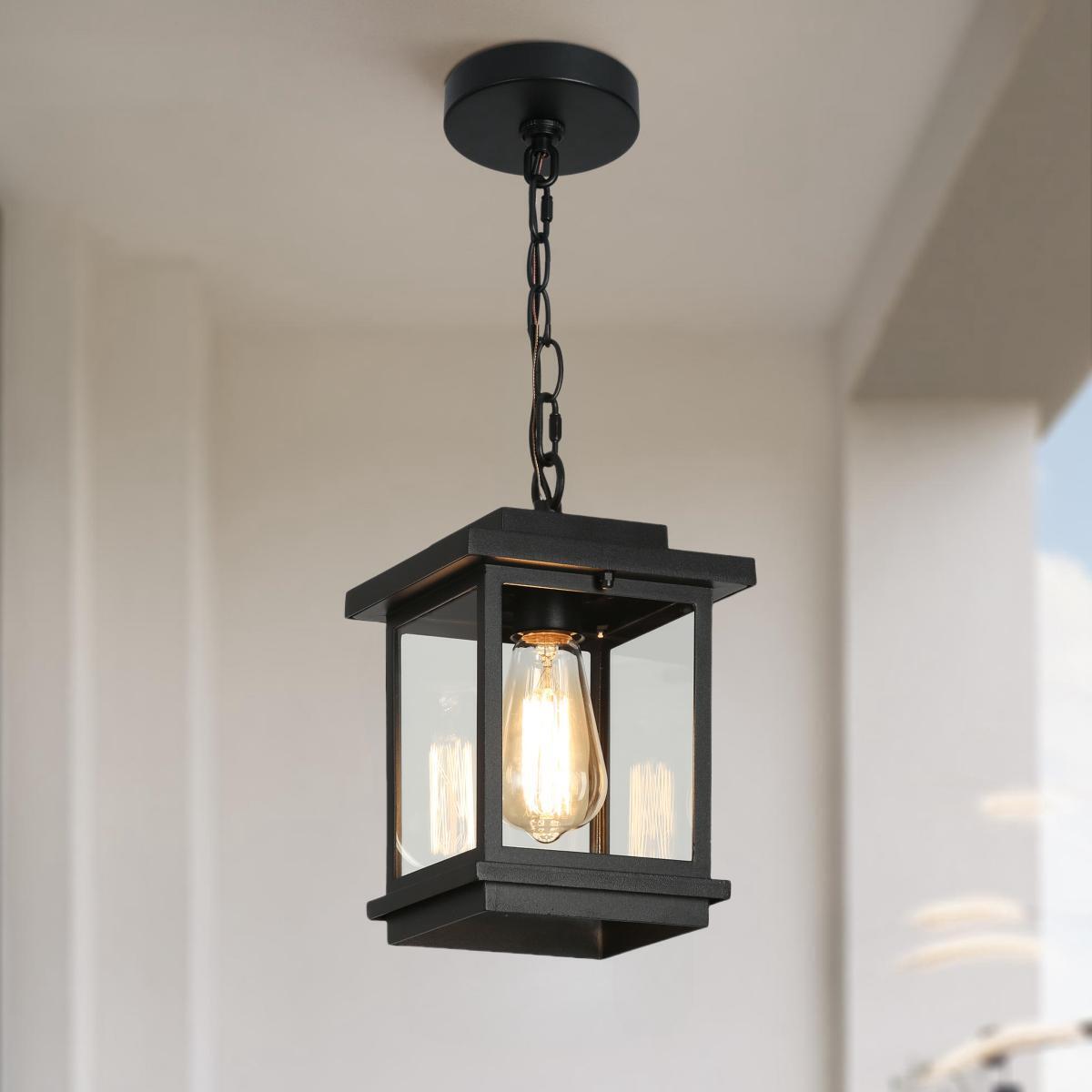 LNC 8" Square Cage Modern Outdoor Pendant Lamp Matte Black: Weather-Resistant, Glass Shade, E26