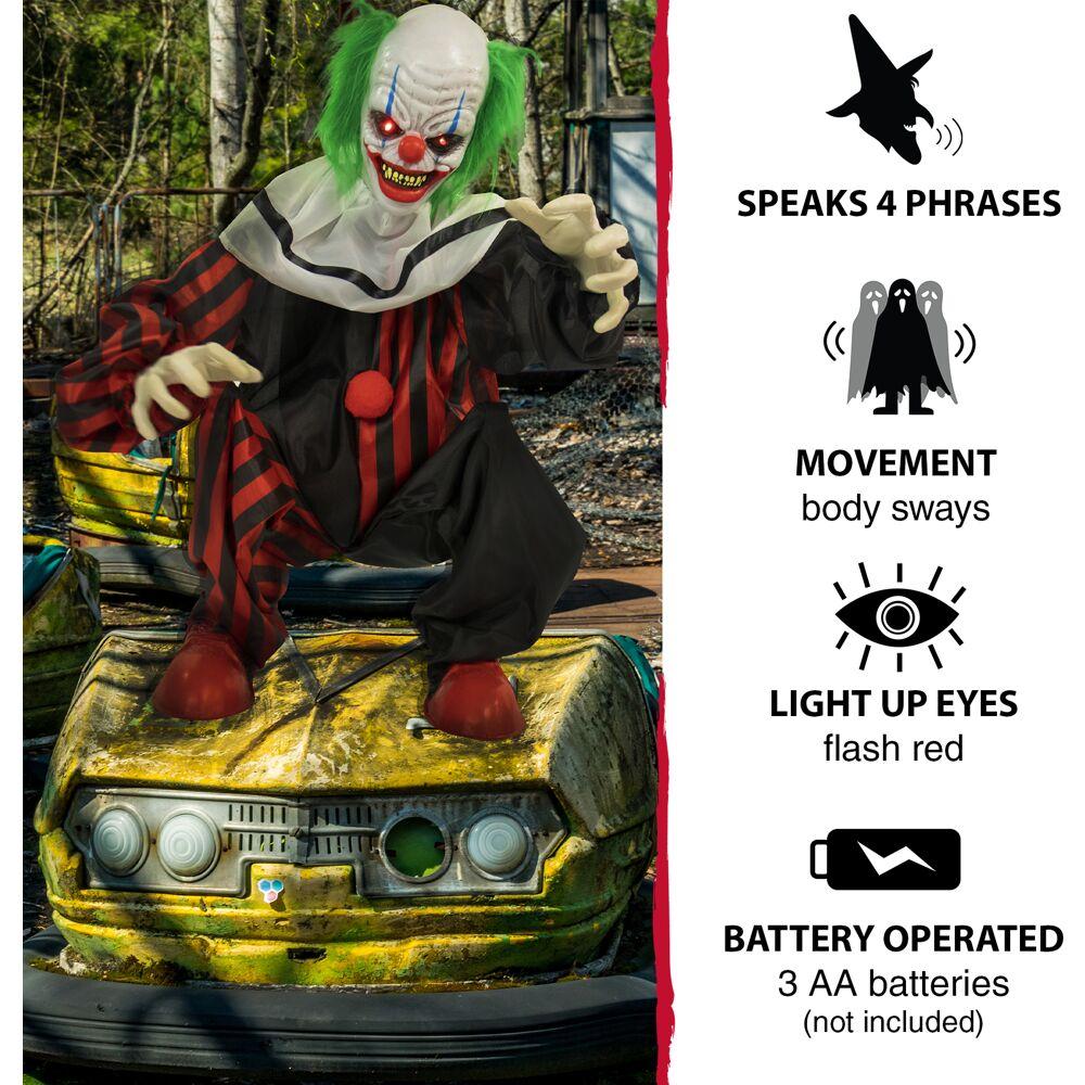 Haunted Hill Farm 32 In. Crouching Clown Creepy Animatronic with Lights and Sound, HHCLOWN-12FLSA