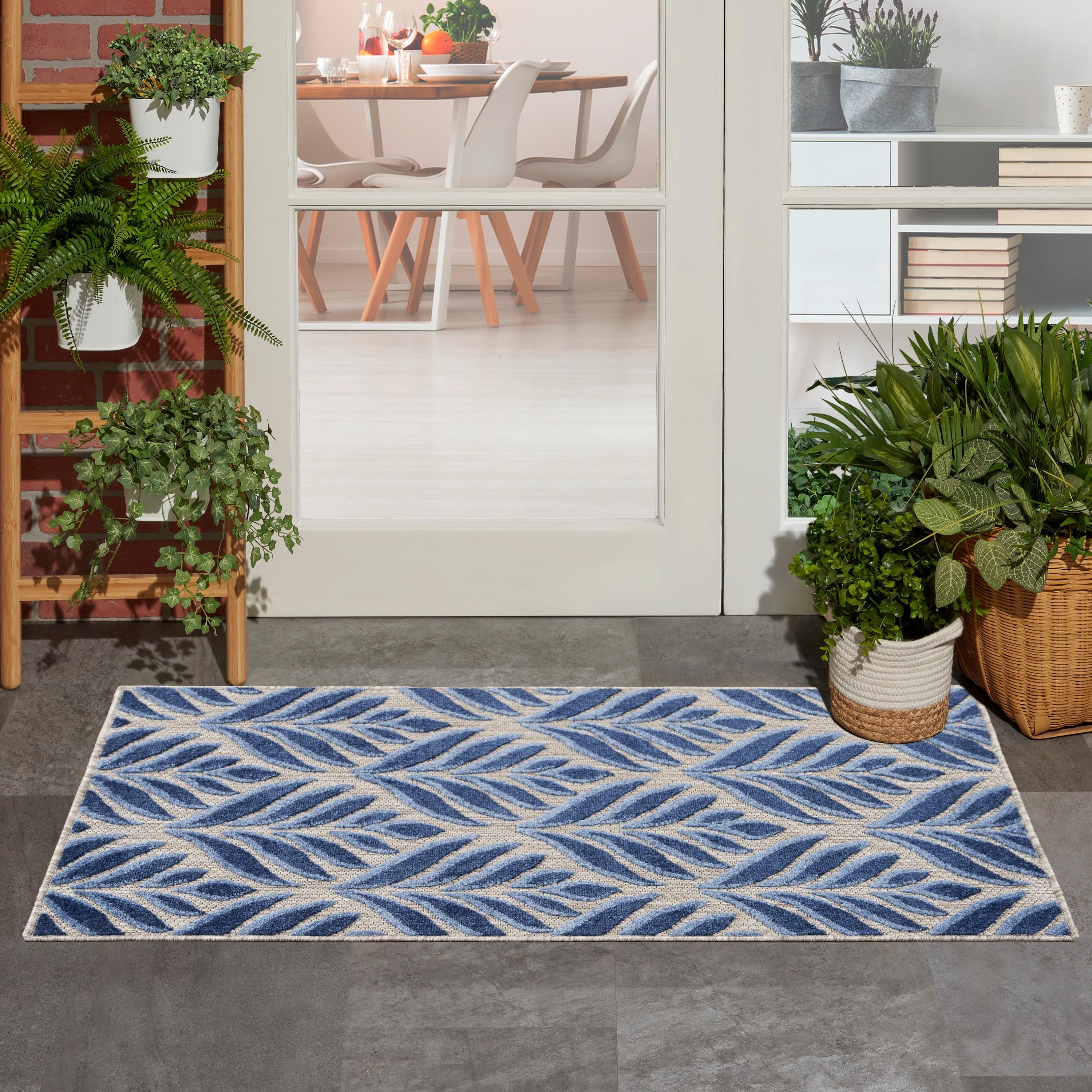 Nourison Aloha Tropical Palm Flatweave High-Low Indoor Outdoor Area Rug Blue 2'8" x 4'