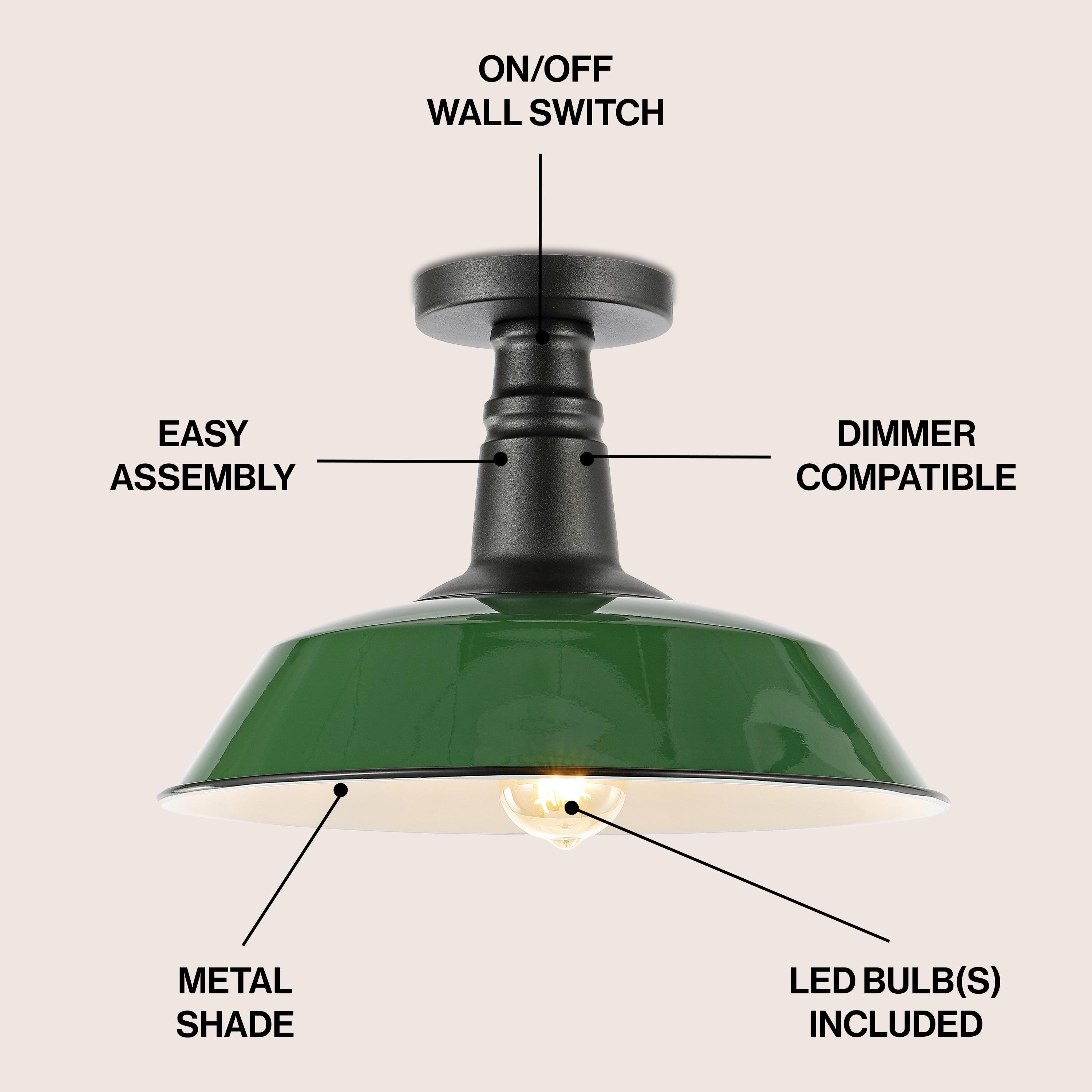 JONATHAN Y Camila 14" 1-Light Classic Industrial Indoor/Outdoor Iron LED Semi Flush Mount, Green/White, JYL7617F