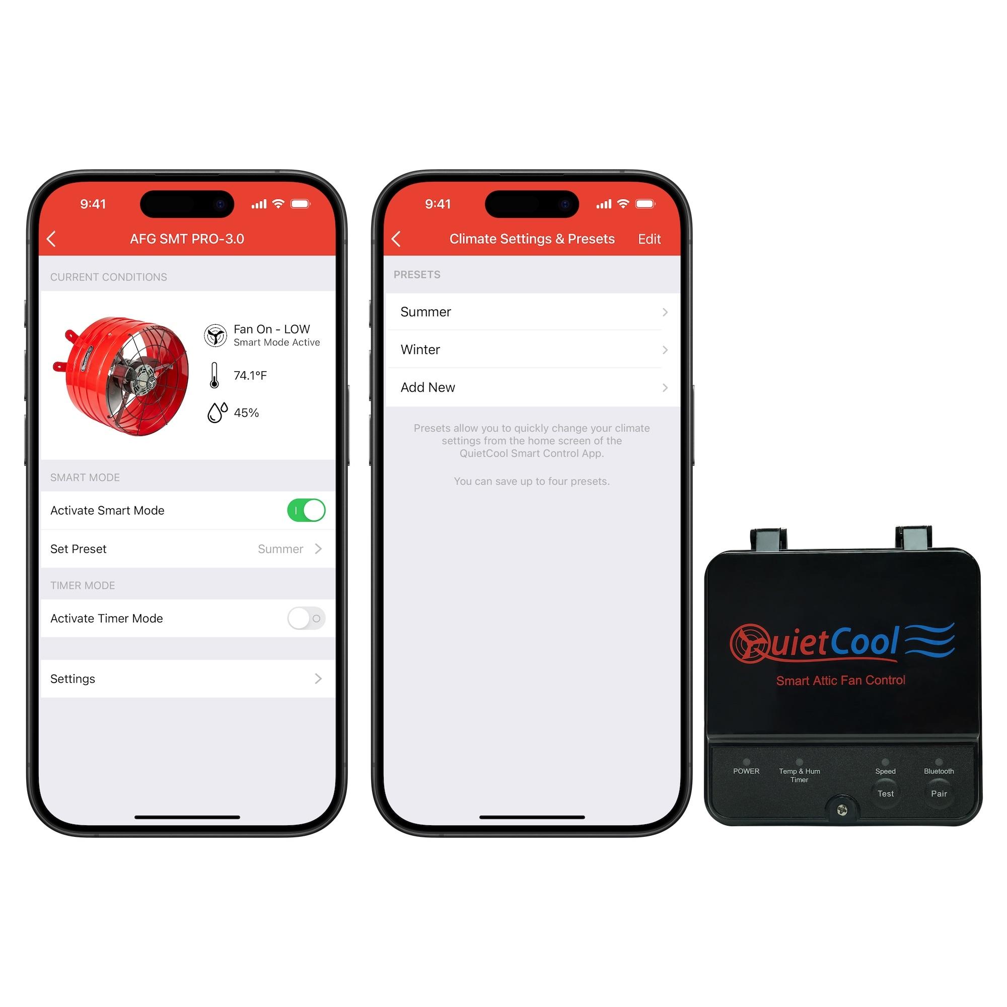 QuietCool AFG SMT PRO-3.0 Smart Attic Fan for Gable Vents - 2940 CFM - Smart App Control - Thermostat and Humidistat - 20ft Power Cord - Plug-and-play - Two Speed