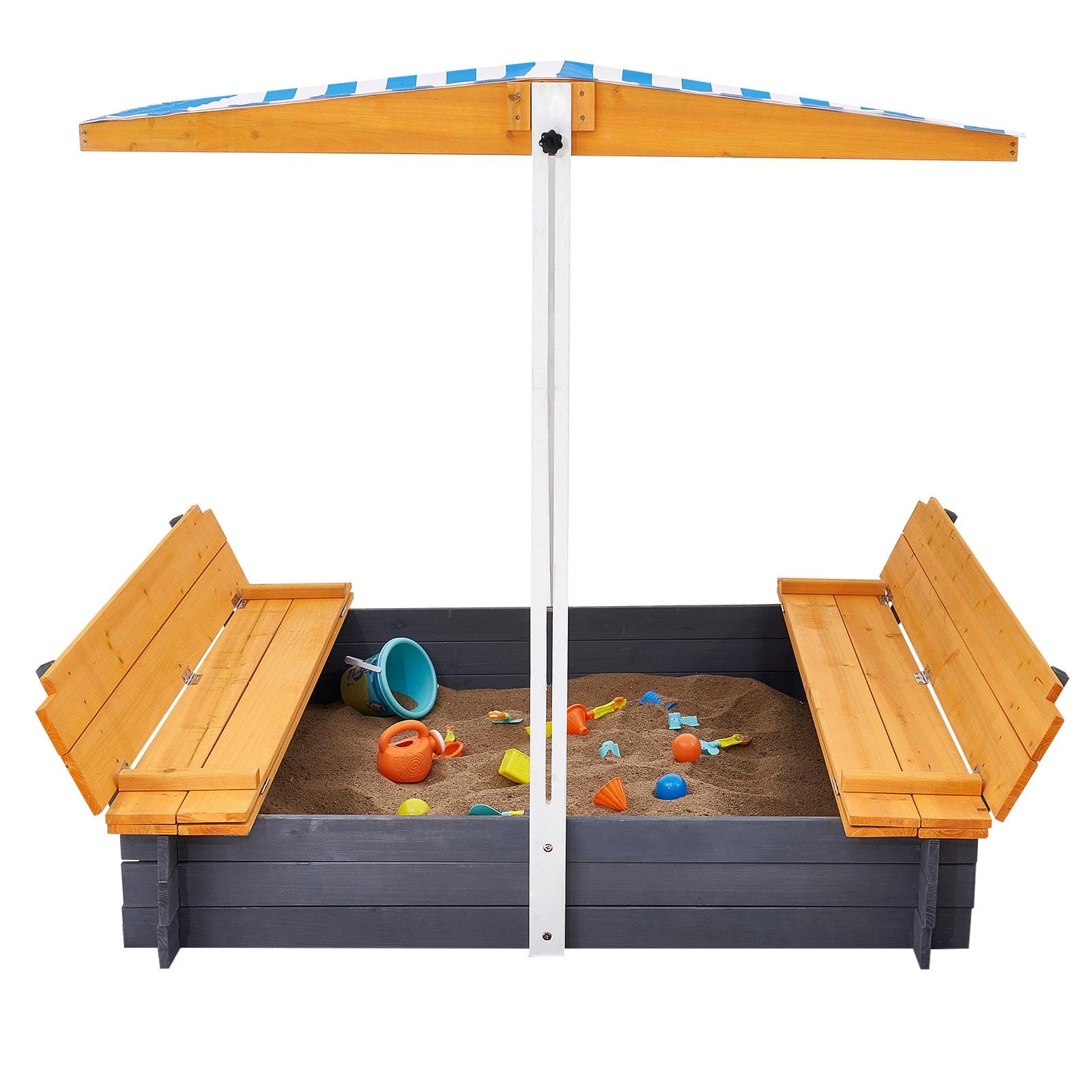 VEVOR Wooden Sandbox with Canopy, Sandpit with Foldable Bench Seats and Bottom Liner, Height Adjustable Roof, Gift for Ages 3-12 Years Old Backyard Garden Easy Assembly (57.3 x 47.2 x 47.2in)