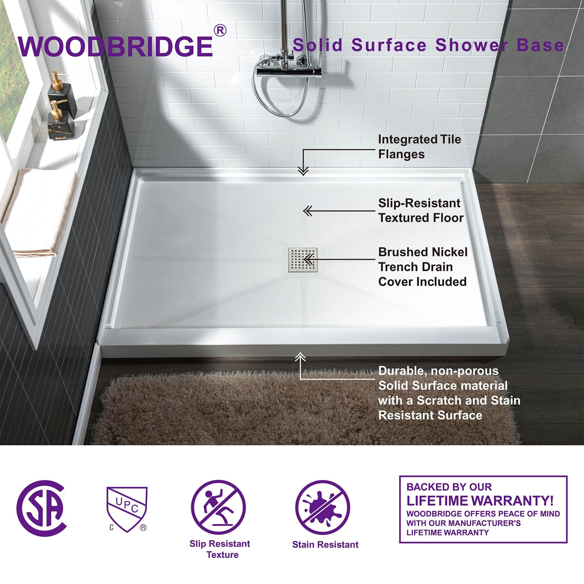 48" W x 36" Solid Surface Single Threshold Shower Pan Base with Drain Assembly & Drain Cover Included, Non-Slip