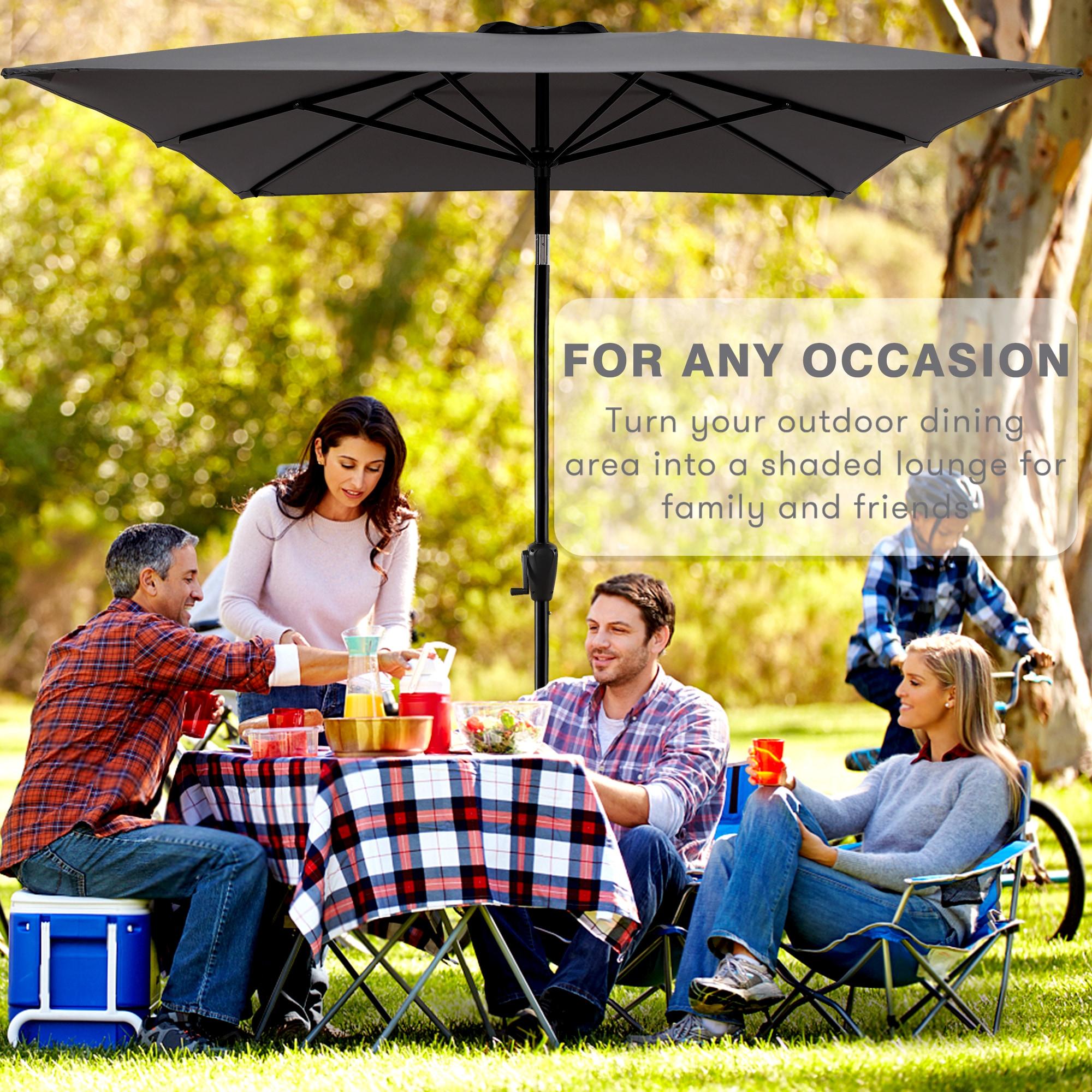 Sun-Ray 6.6x10 FT Rectangular Patio Umbrella with Push-Button Tilt and Hand Crank Canopy Lift, Table Umbrella with Solution Dyed Navy Fabric for Porch, Deck, Garden, and Swimming Pool, Grey