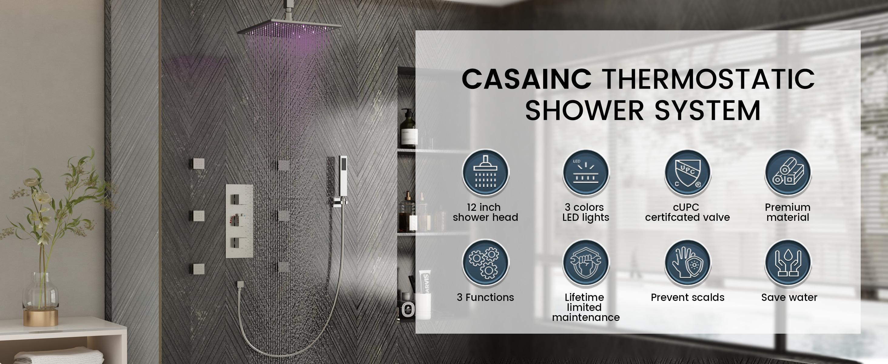 Revitalize 12 Inch Luxury Thermostatic Complete Shower System with Rough-in Valve