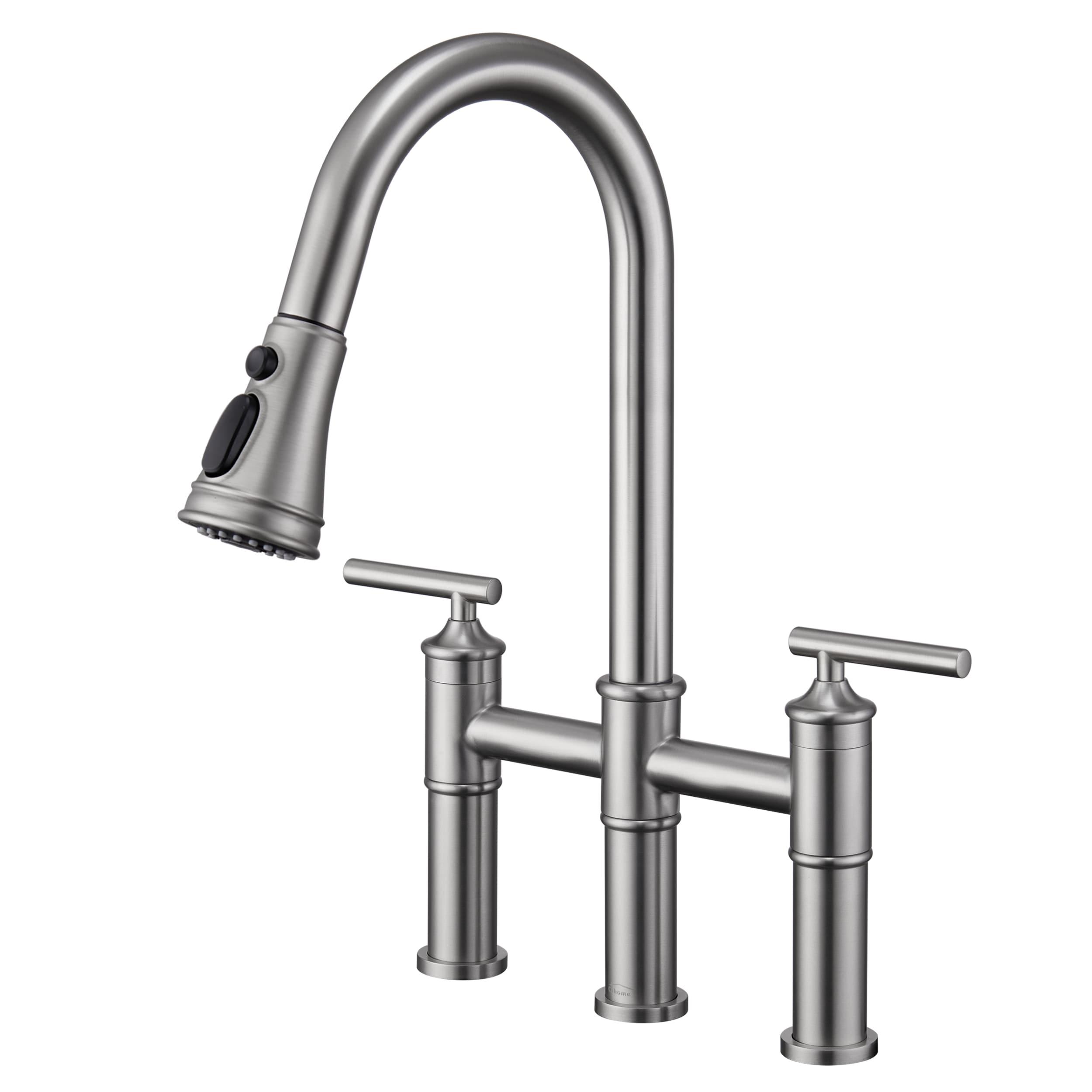 Brushed Nickel Double Handle Bridge Kitchen Faucet with Pull-Out Spray
