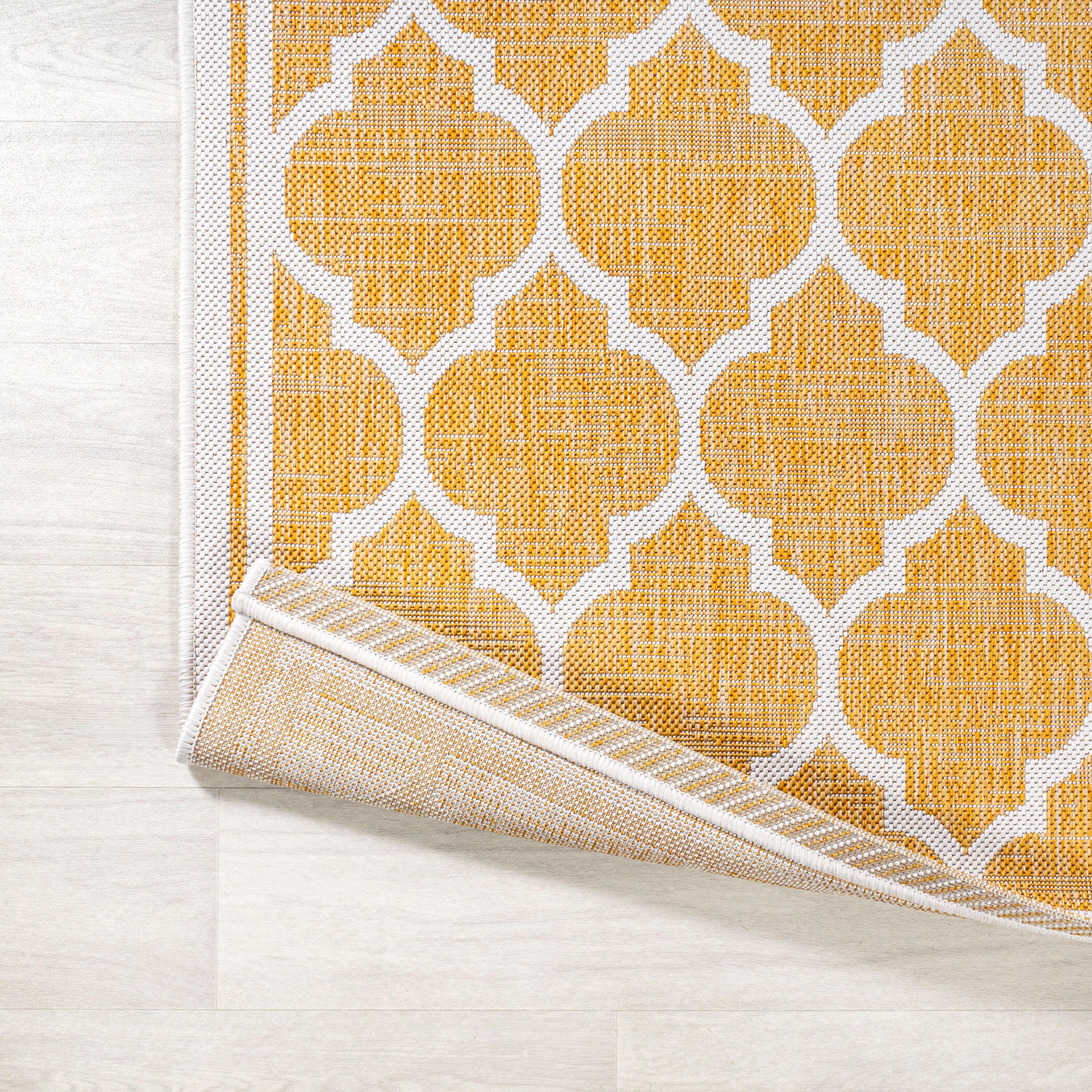 5' x 5' Trebol Moroccan Trellis Textured Weave Indoor/Outdoor Area Rug, Yellow/Cream - JONATHAN Y