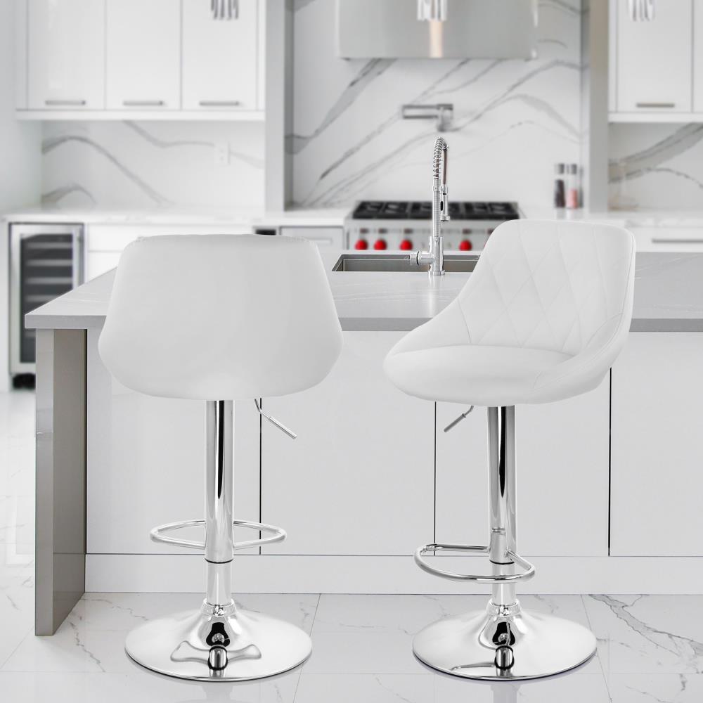 Elama 2 Piece Diamond Stitched Faux Leather Bar Stool in White with Chrome Base  and Adjustable Height