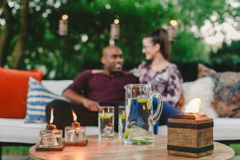 TIKI Mixed Material Tabletop Torch: Weather-Resistant, Smooth Finish, Refillable Fuel Canister, No Assembly Required