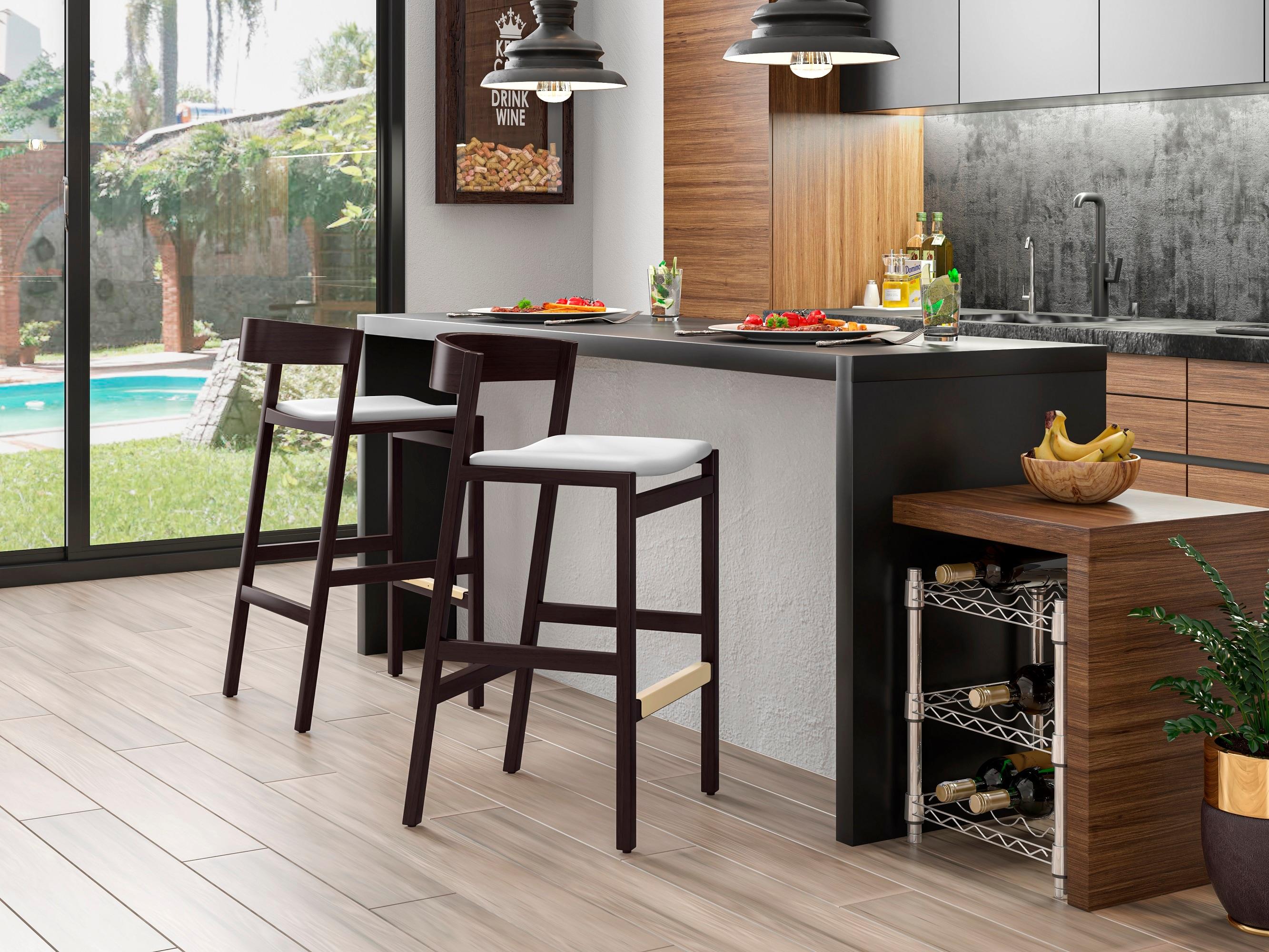 Klismos 36.75 in. Ivory and Dark Walnut Beech Wood Counter Height Bar Stool