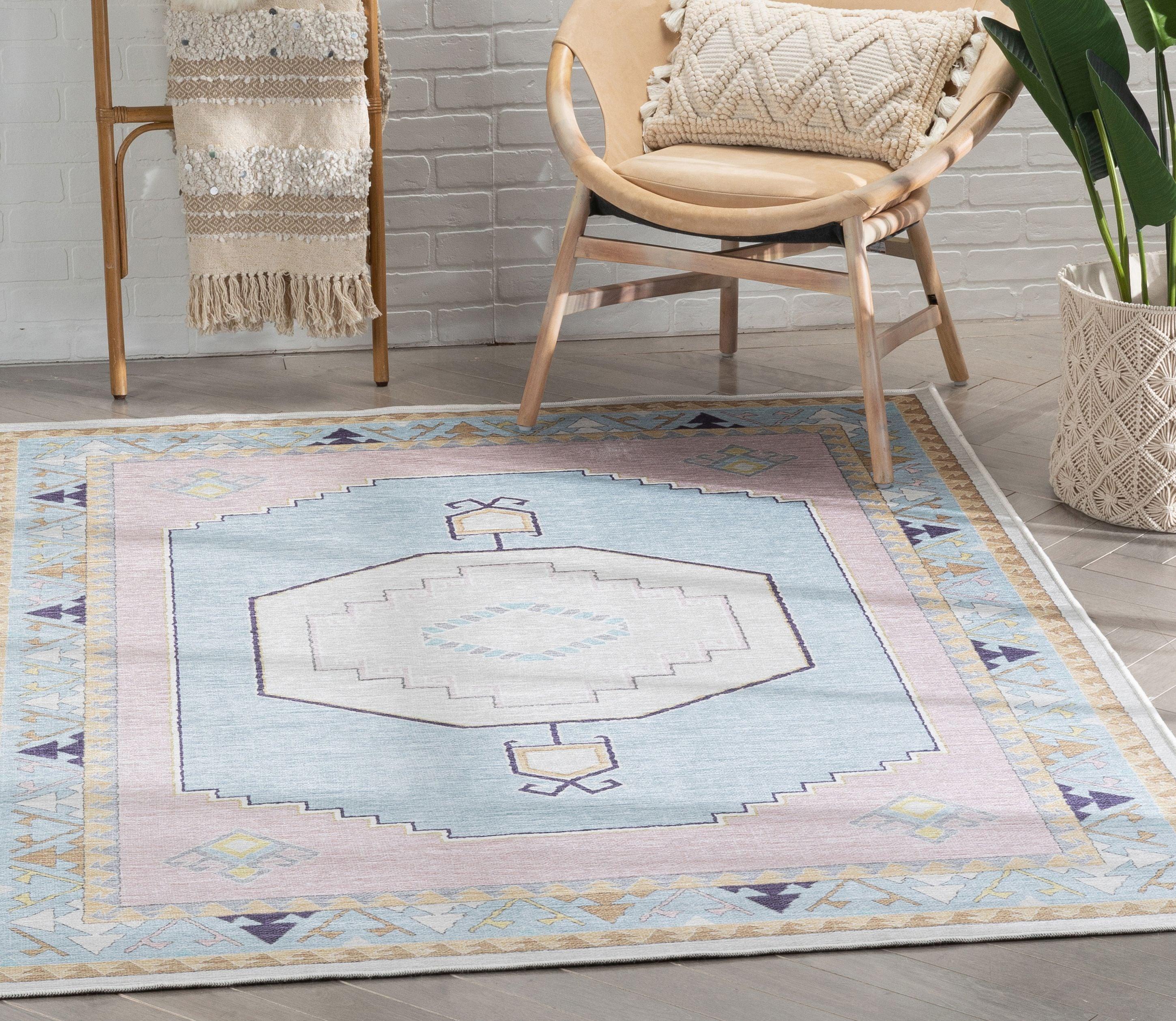 Apollo Well Woven Kids Rugs Ethnic Soft Medallion Modern Pink Light Blue Area Rug