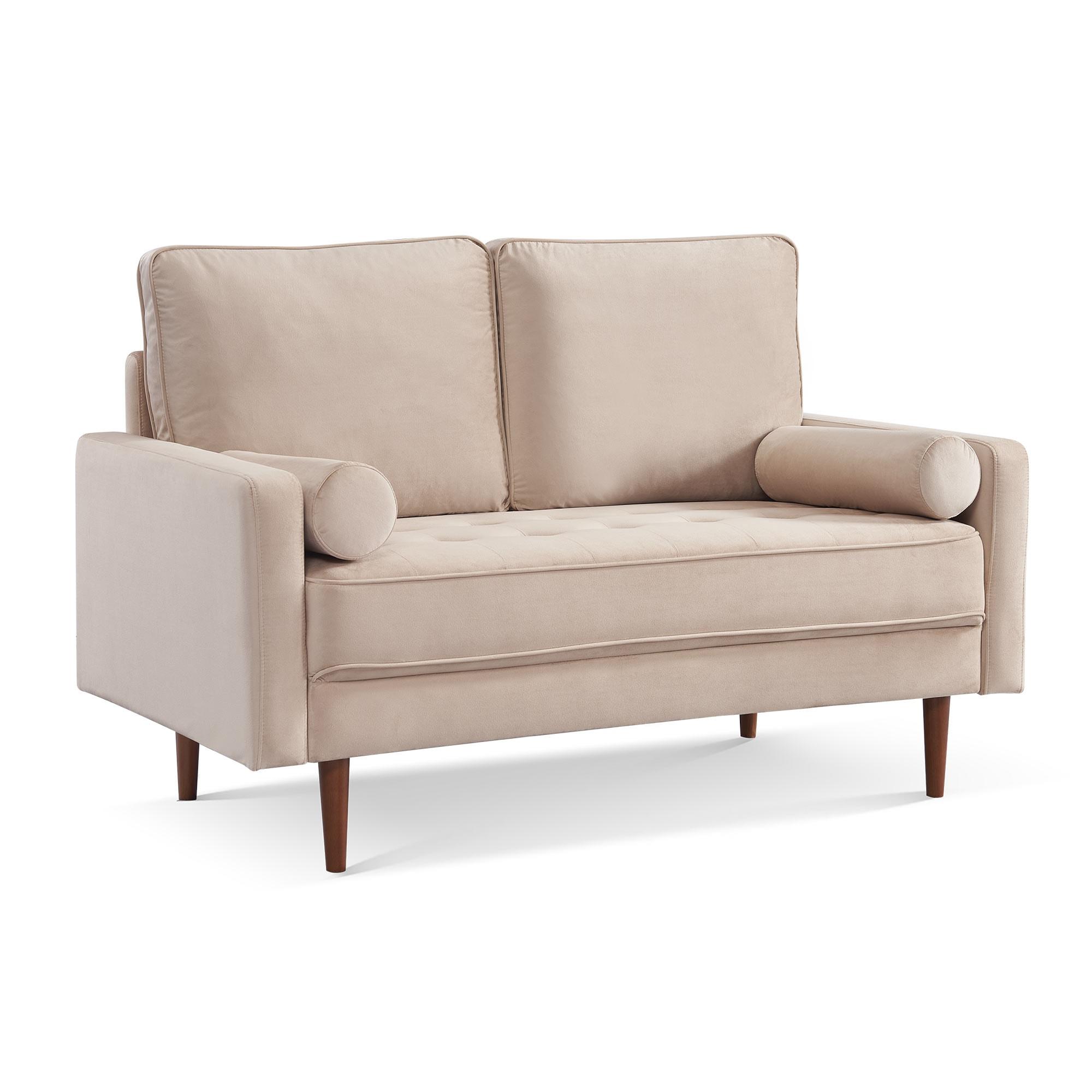 57 Inch Wide Upholstered Two Cushion Loveseat w/ Bolster Pillows in Beige Velvet