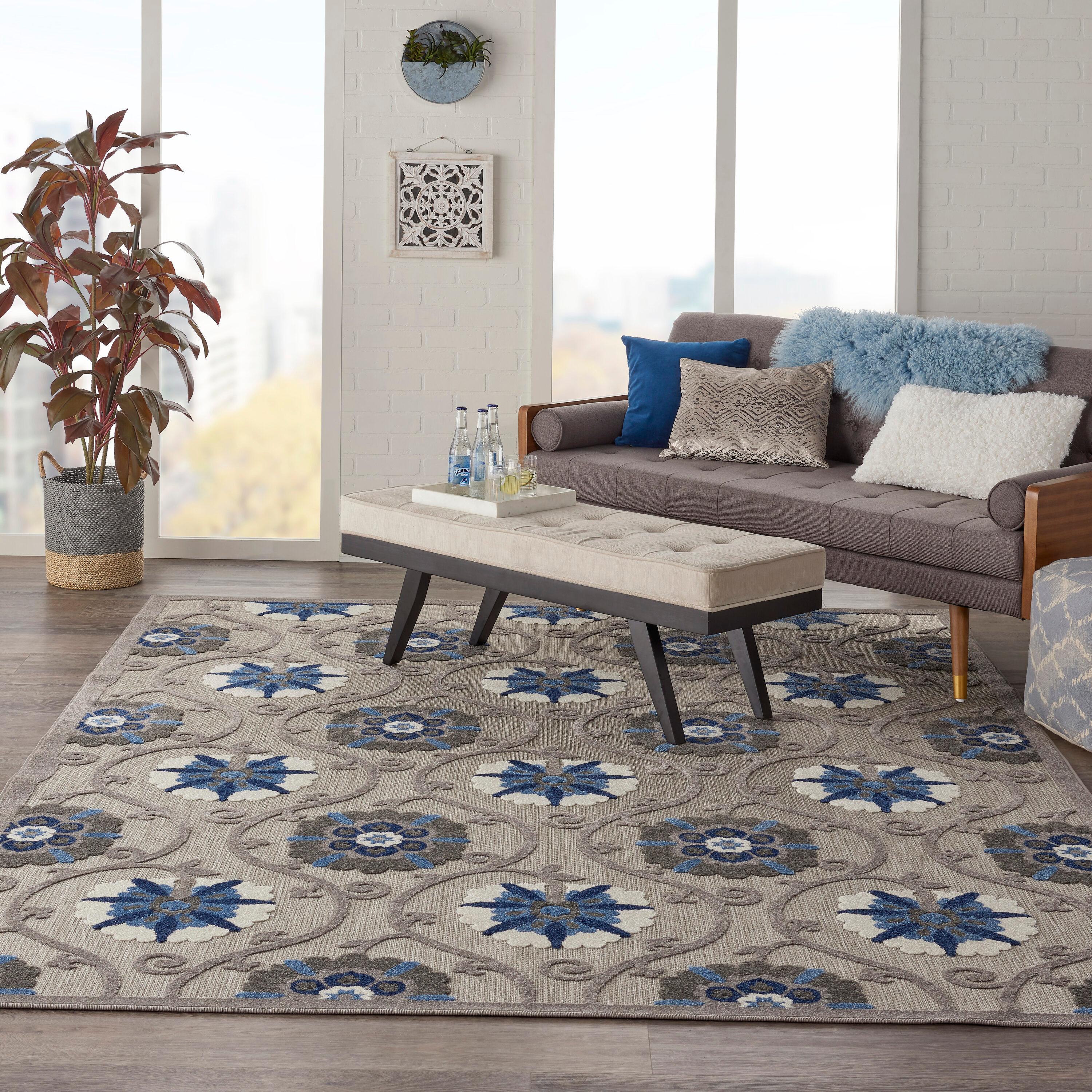 Nourison Aloha Contemporary Floral Flatweave High-Low Indoor Outdoor Area Rug Grey/Blue 7'10" x 10'6"