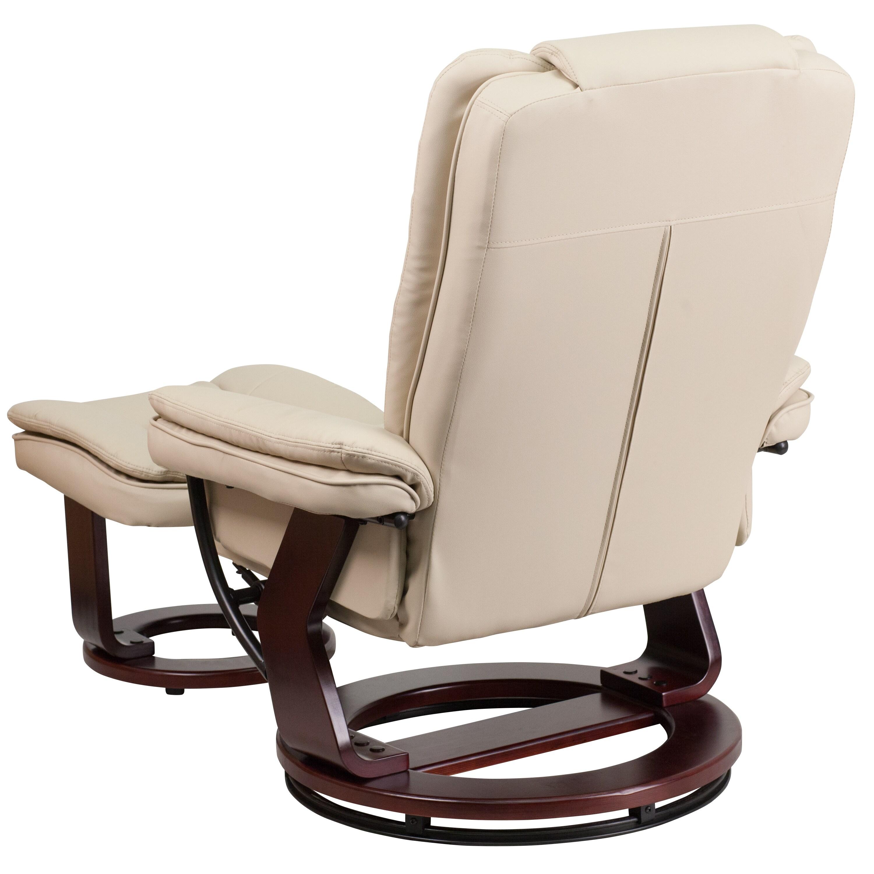 Flash Furniture Bali Contemporary Multi-Position Recliner with Horizontal Stitching and Ottoman with Swivel Mahogany Wood Base in Beige LeatherSoft