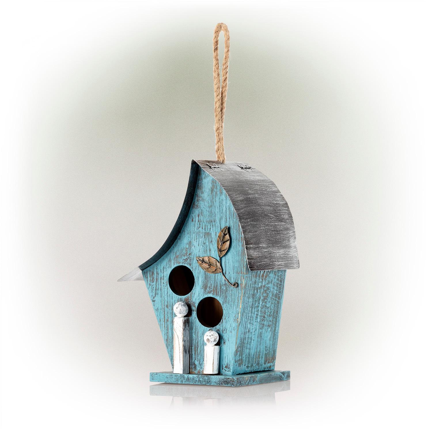 21" Tall Blue Distressed Wood and Metal Hanging Birdhouse