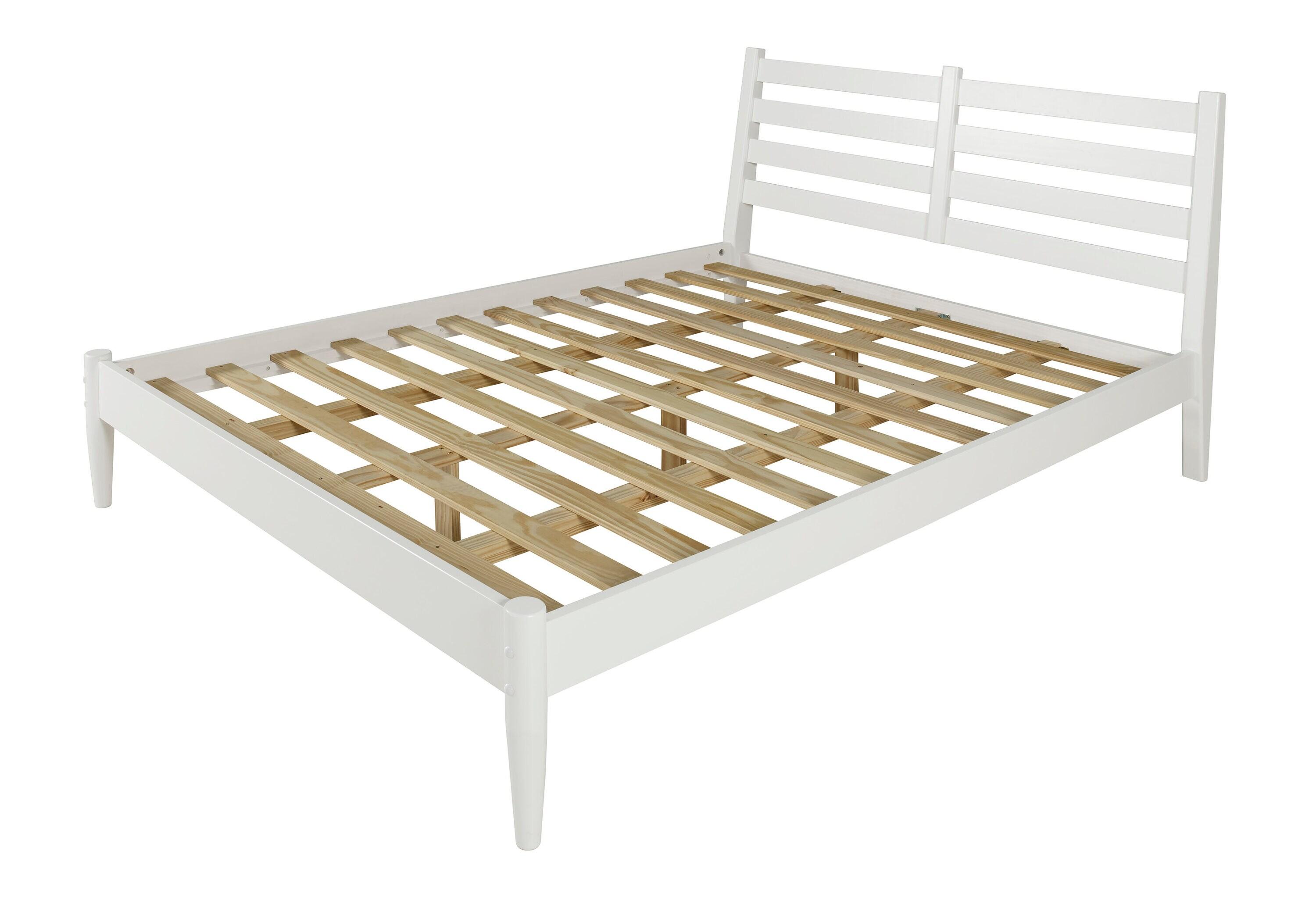 Camaflexi Mid Century Slat Bed Solid Wood Bed Frame with Headboard, King, White