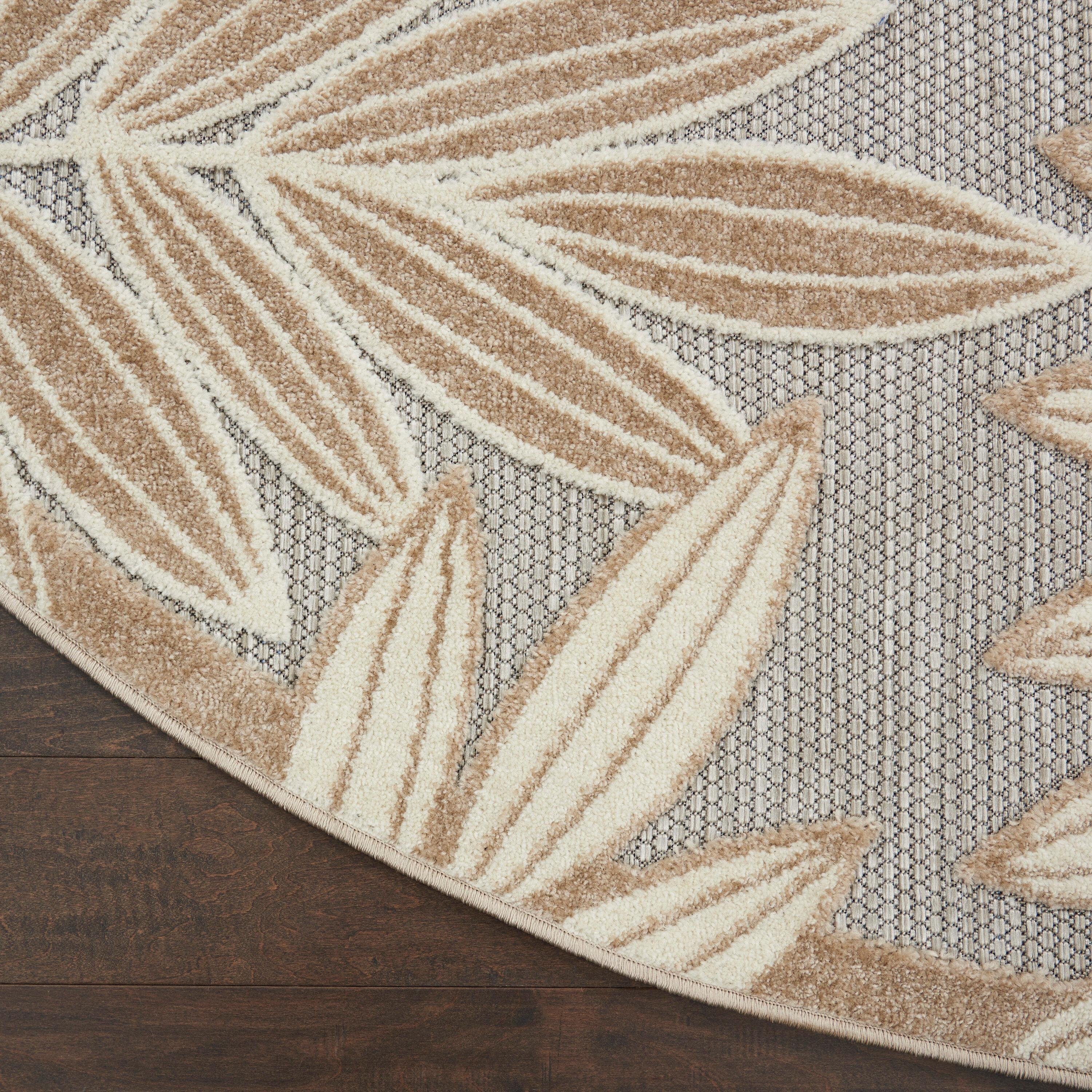 Nourison Aloha Floral Leaf Flatweave High-Low Indoor Outdoor Round Rug Natural 5'3" x 5'3"