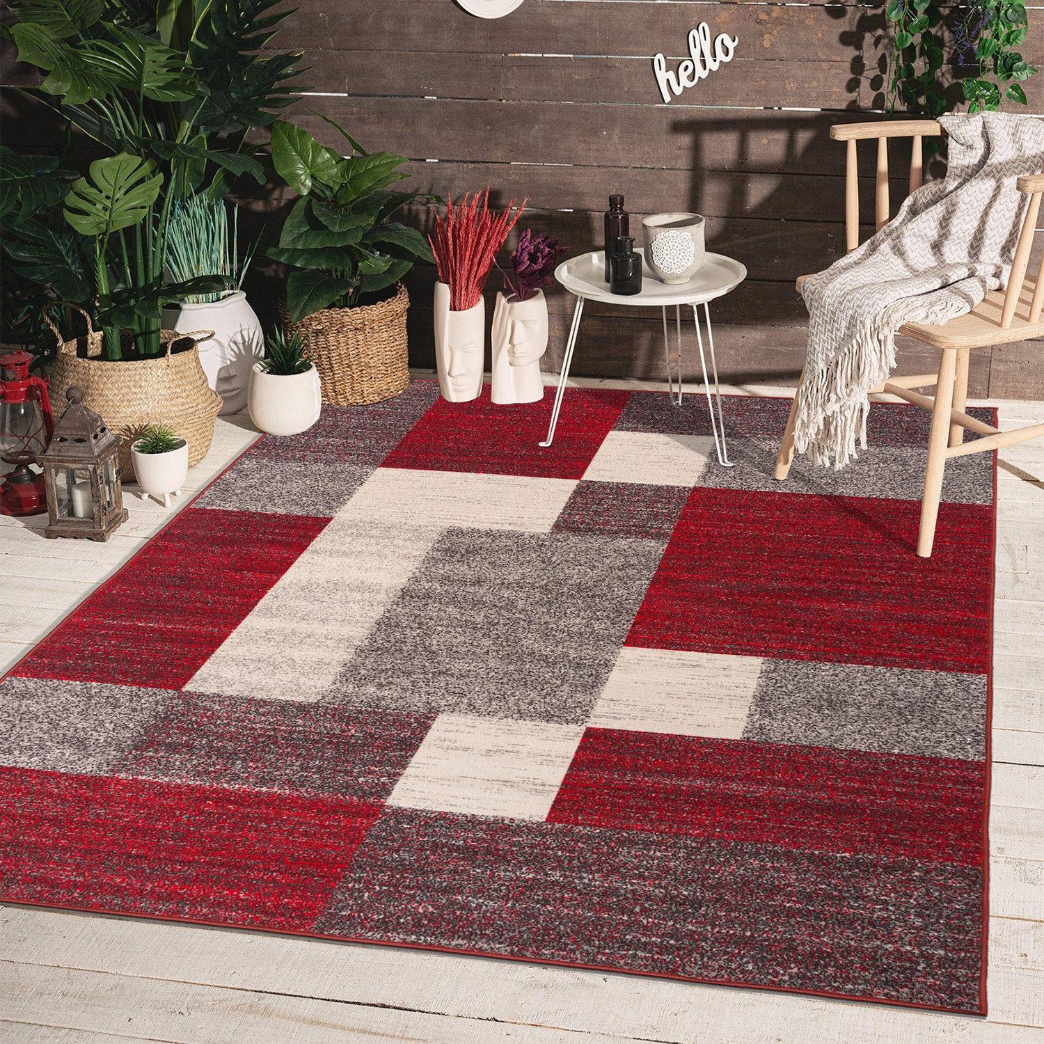 World Rug Gallery Modern Boxes Design Non-slip (Non-skid) Red 7'10" x 10' Area Rug