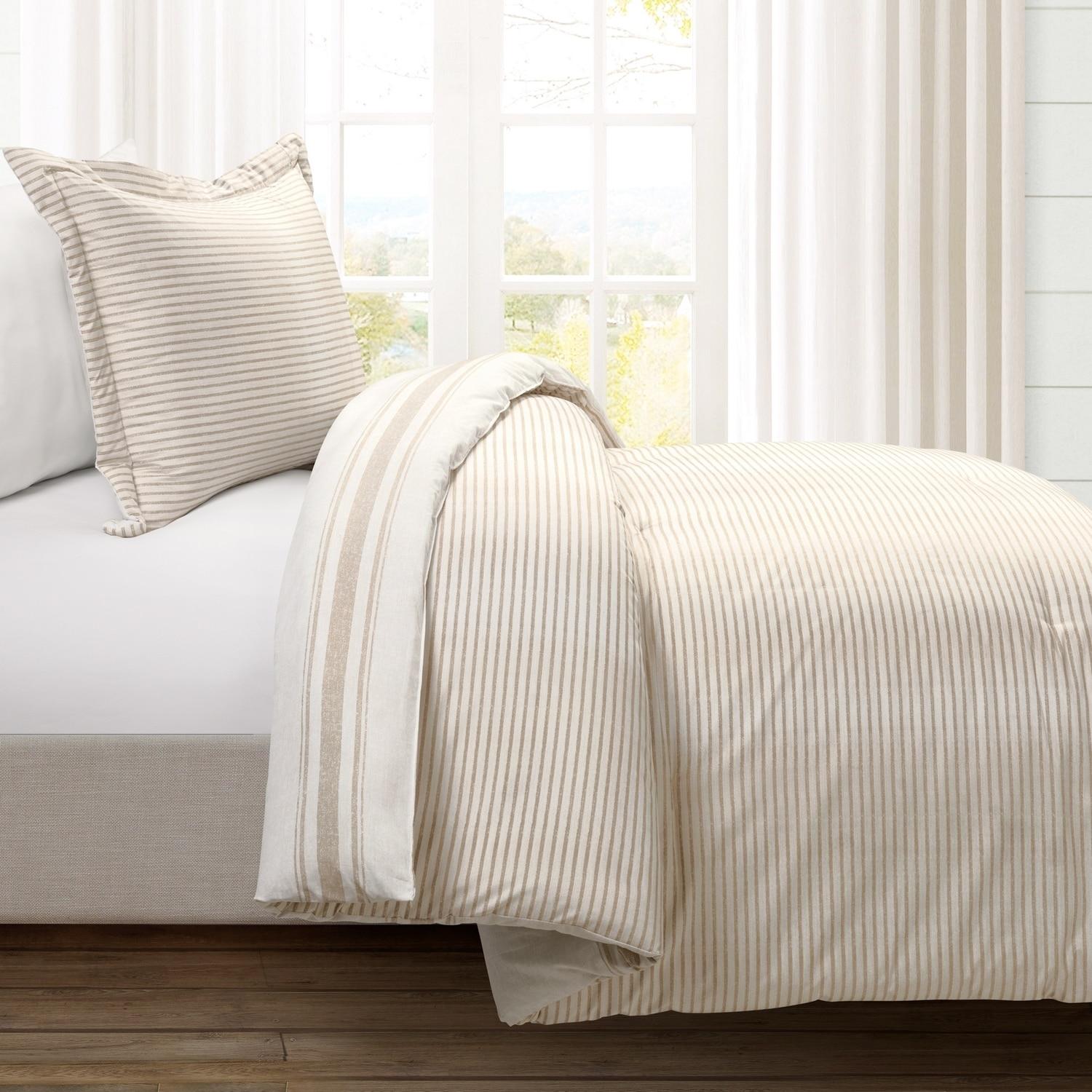 2pc Twin/Twin Extra Long Farmhouse Stripe Reversible Comforter & Sham Set Neutral - Lush Décor: Year-Round Plain Weave