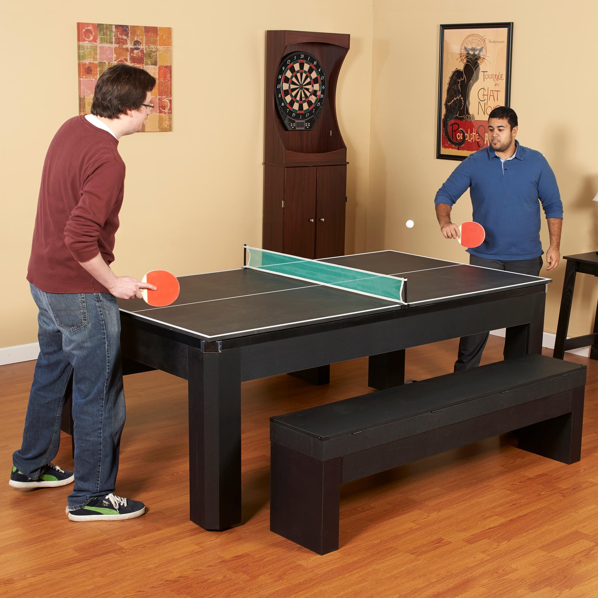 Hathaway Newport Stylish 7 Ft Multi Game Pool Table Combo with Dining Top and Ping Pong – Includes Benches for Home Storage and Accessories