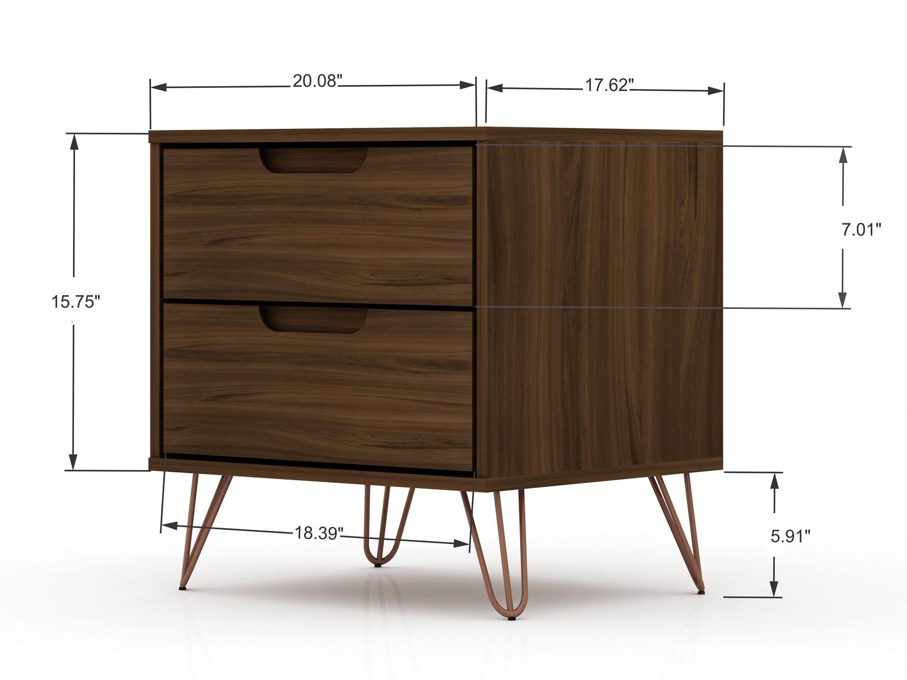 2.0 Rockefeller Nightstand Brown - Manhattan Comfort: Modern Bedside Table with Metal Legs & Storage