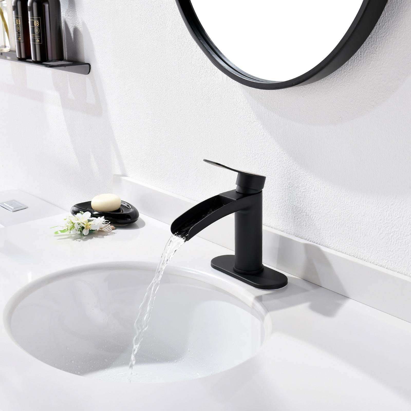Phiestina Matte Black Single Hole Waterfall Bathroom Sink Faucet Single Handle, with 6-Inch Deck Plate & Metal Pop Up Drain Assembly, NS-SF01-MB