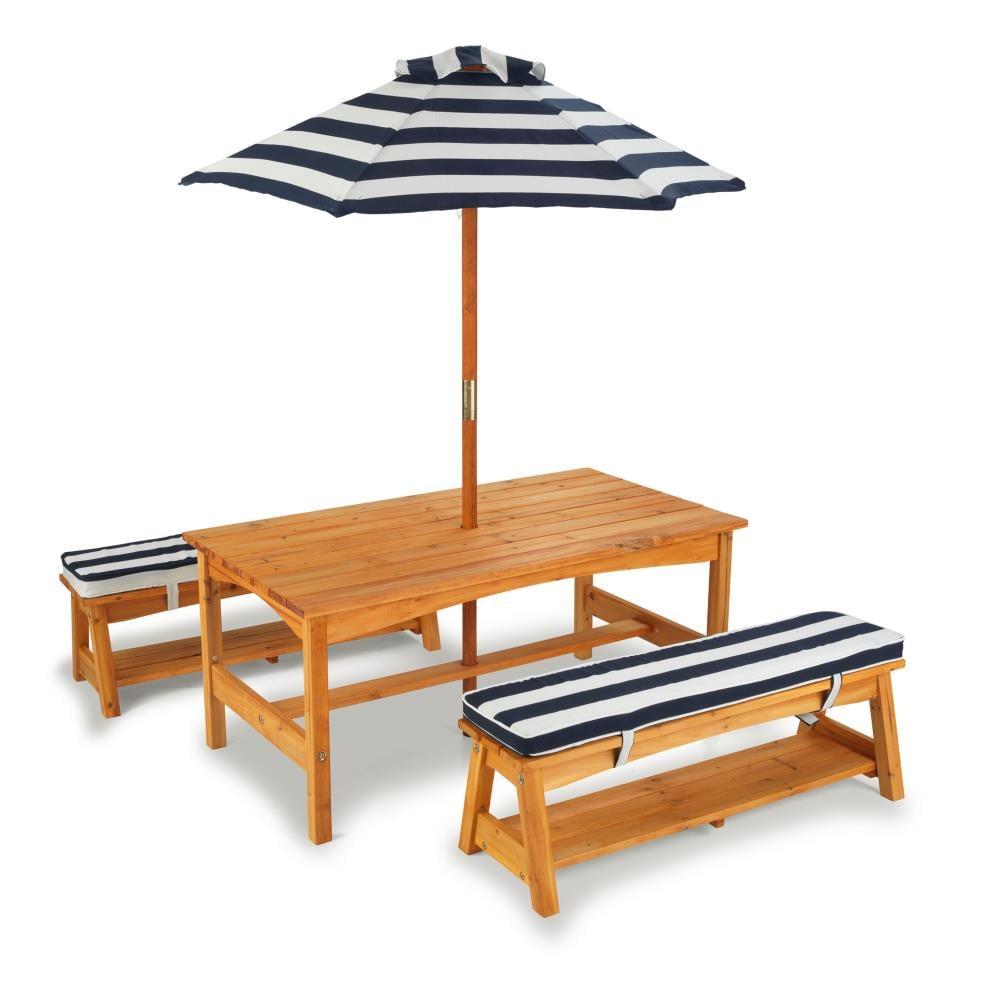 Outdoor Wooden Table & Benches with Cushions & Umbrella, Navy