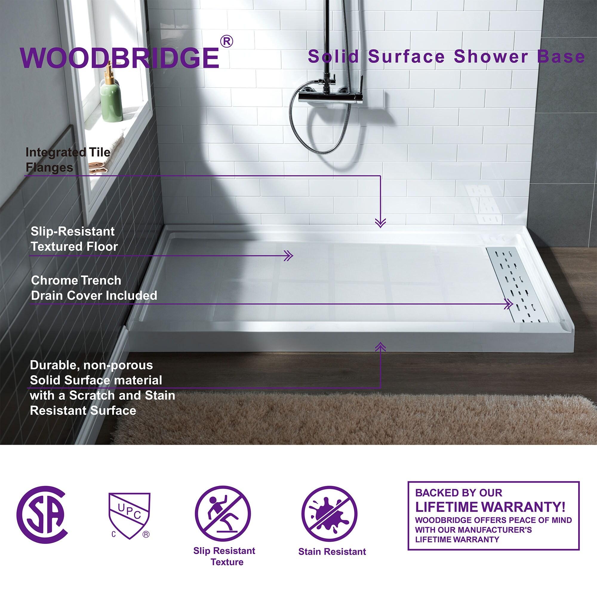 48" W x 36" Solid Surface Single Threshold Shower Pan Base with Drain Assembly & Drain Cover Included, Non-Slip