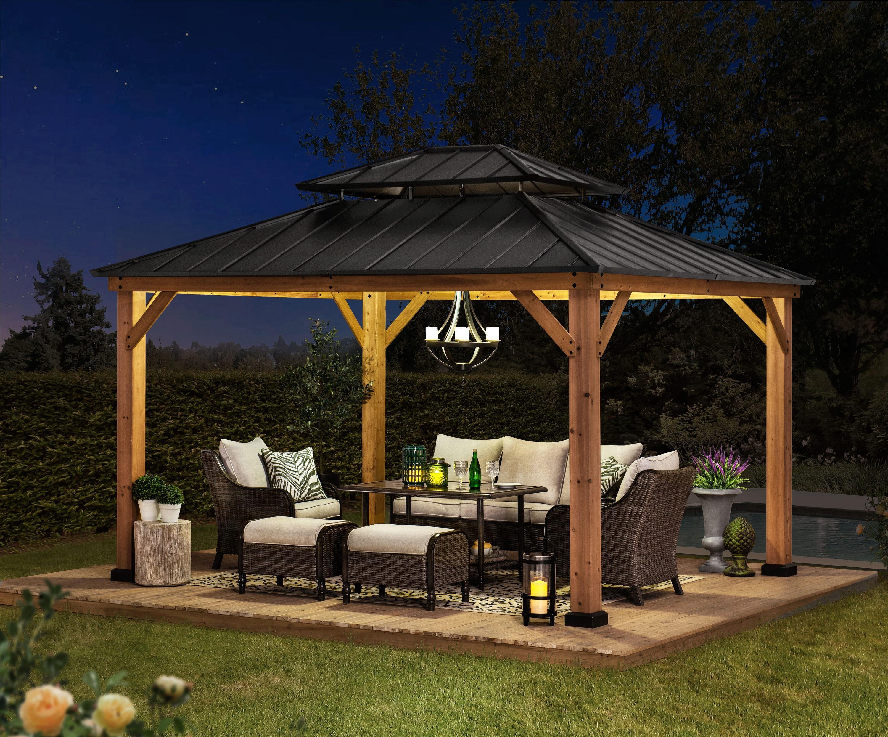 Sunjoy Wood Gazebo Cedar Framed Gaezbos with Black Double Steel Hardtop Roof for Garden,