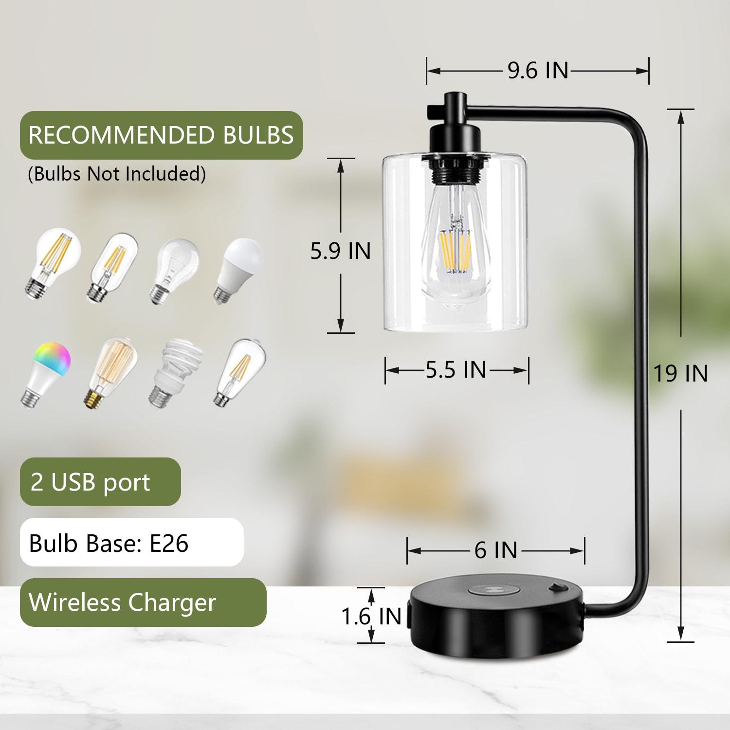19" Clear Table Lamp with Wireless Charger and Glass Shade