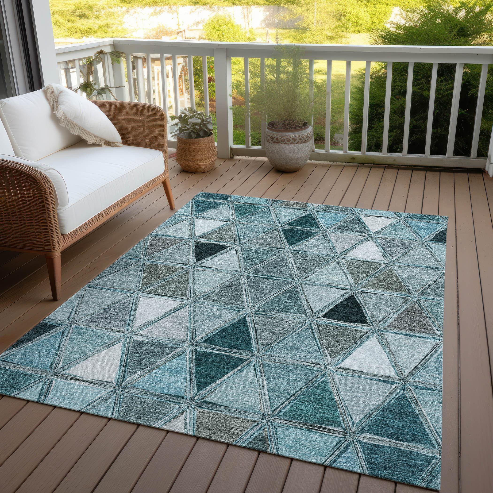 Teal Geometric Flat Woven Indoor Outdoor Washable Rug
