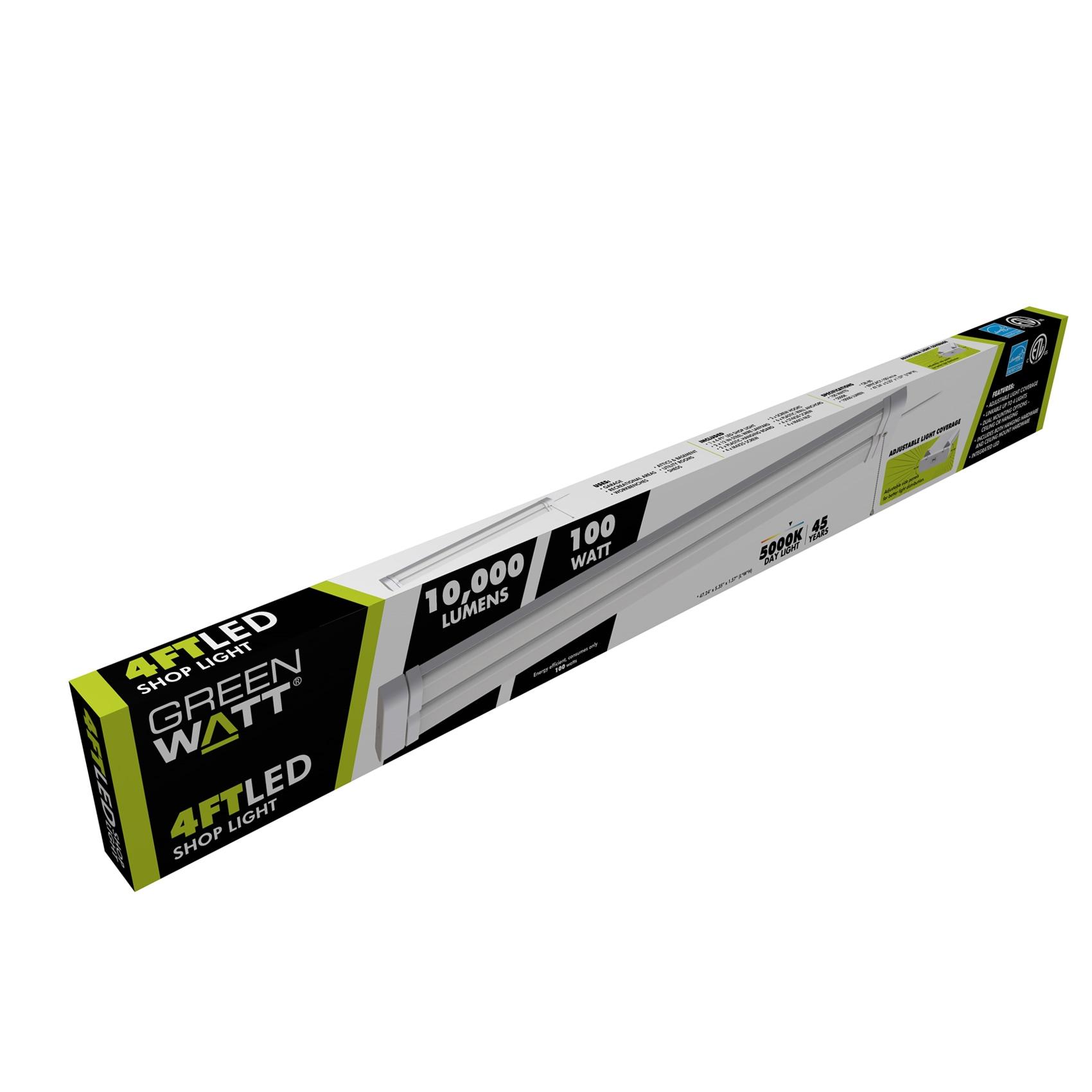 Green Watt 4-FT 100W LED Shop Light, Adjustable Light Panels, White Metal Construction