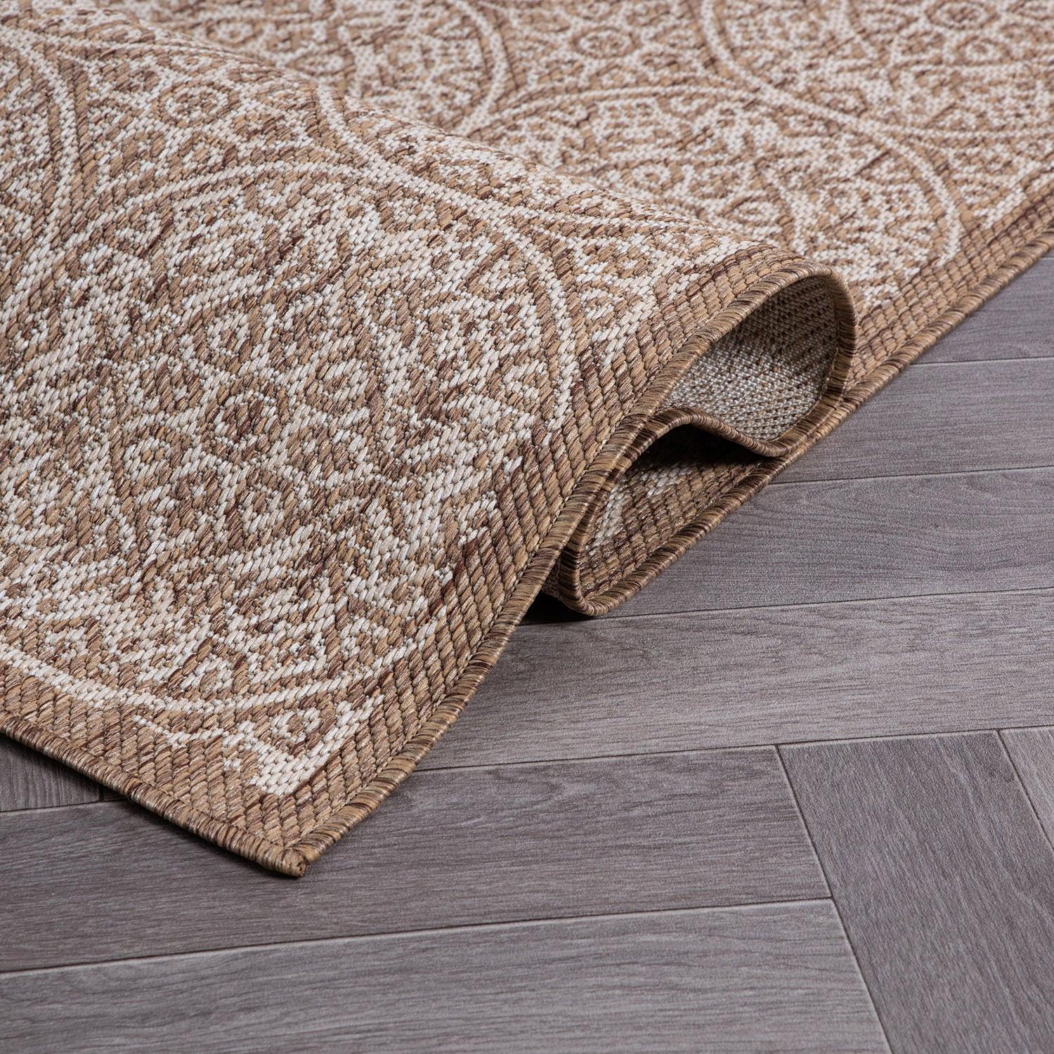 World Rug Gallery Transitional Floral Circles Textured Flat Weave Indoor/Outdoor Area Rug - BROWN 7'10"X10'