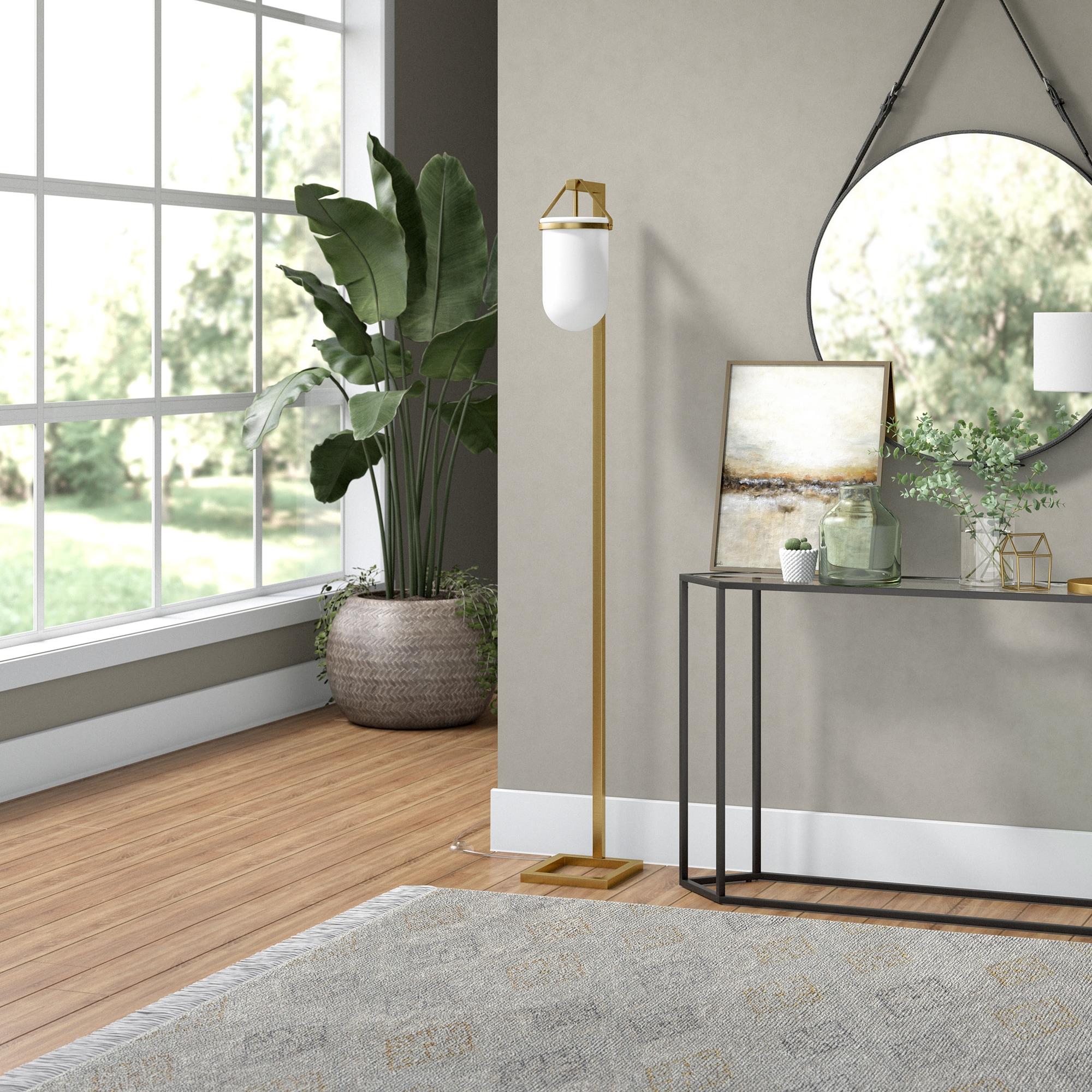 Evelyn&Zoe Shiloh 68" Tall Floor Lamp with Glass Shade, Brass/White Milk