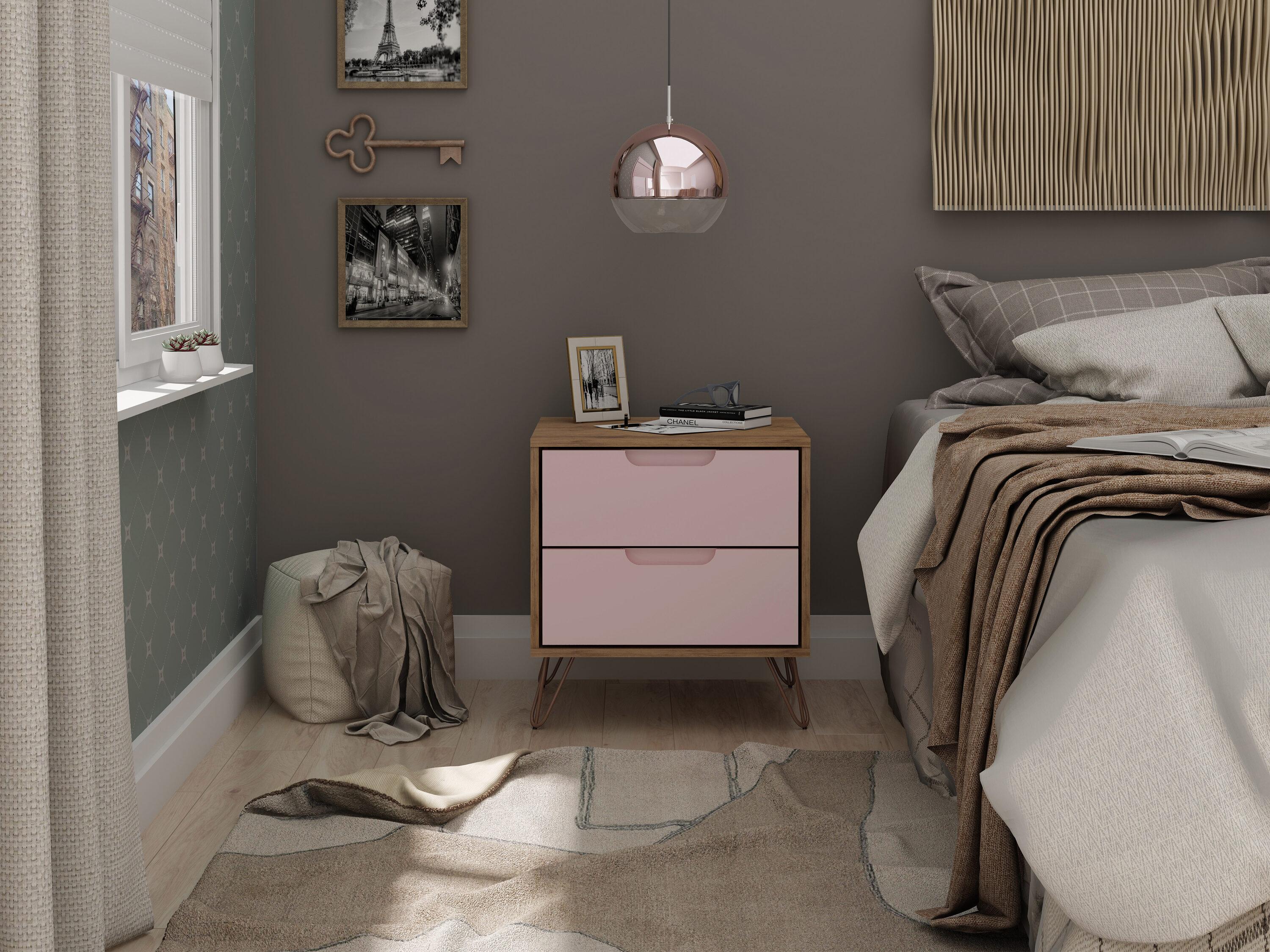 2.0 Rockefeller Nightstand Natural/Rose Pink - Manhattan Comfort: Modern MDF Bedside Storage with Metal Glides