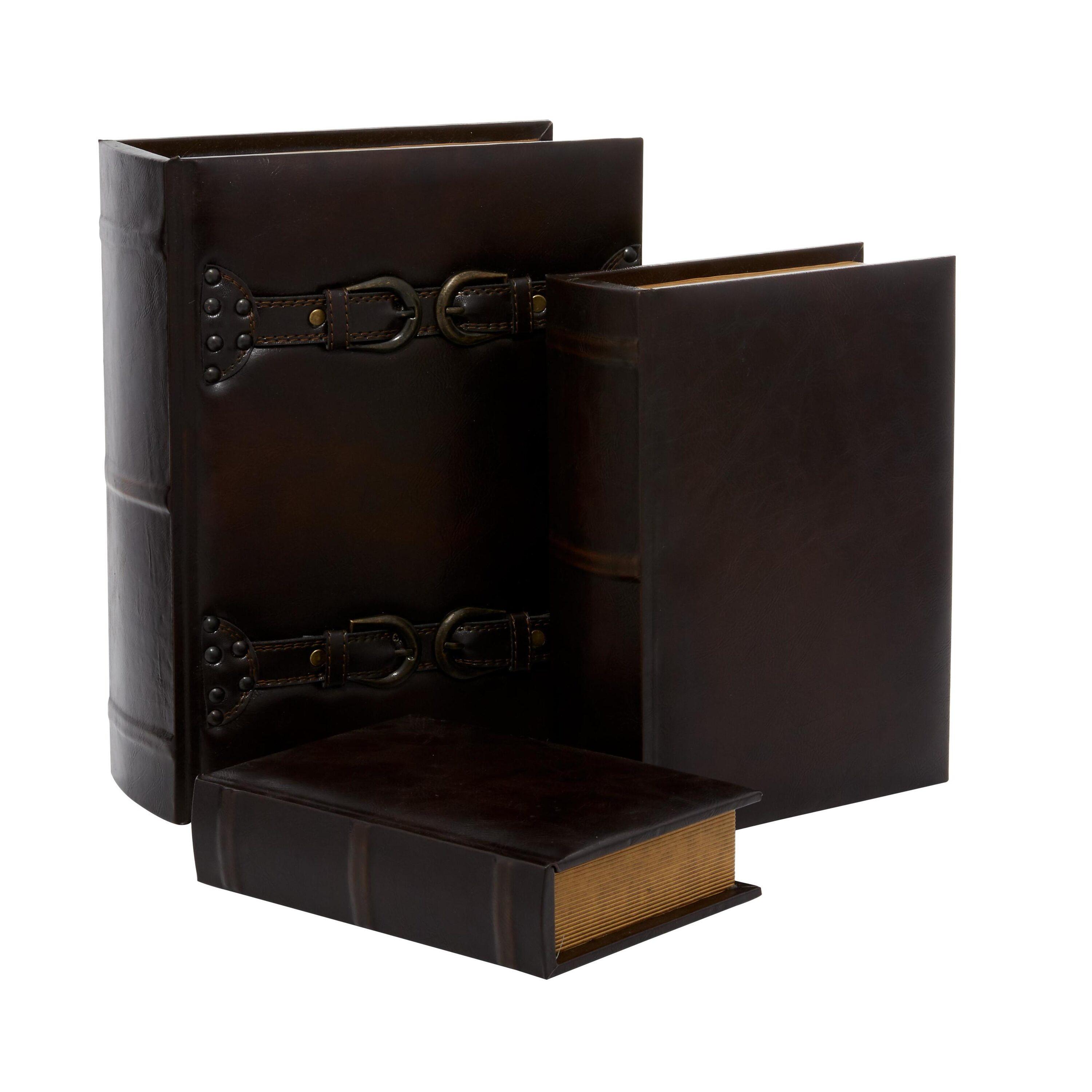 DecMode Vintage Faux Book Storage Dark Brown Faux Leather Decorative Box with Gold Buckle Accents, 3 Count
